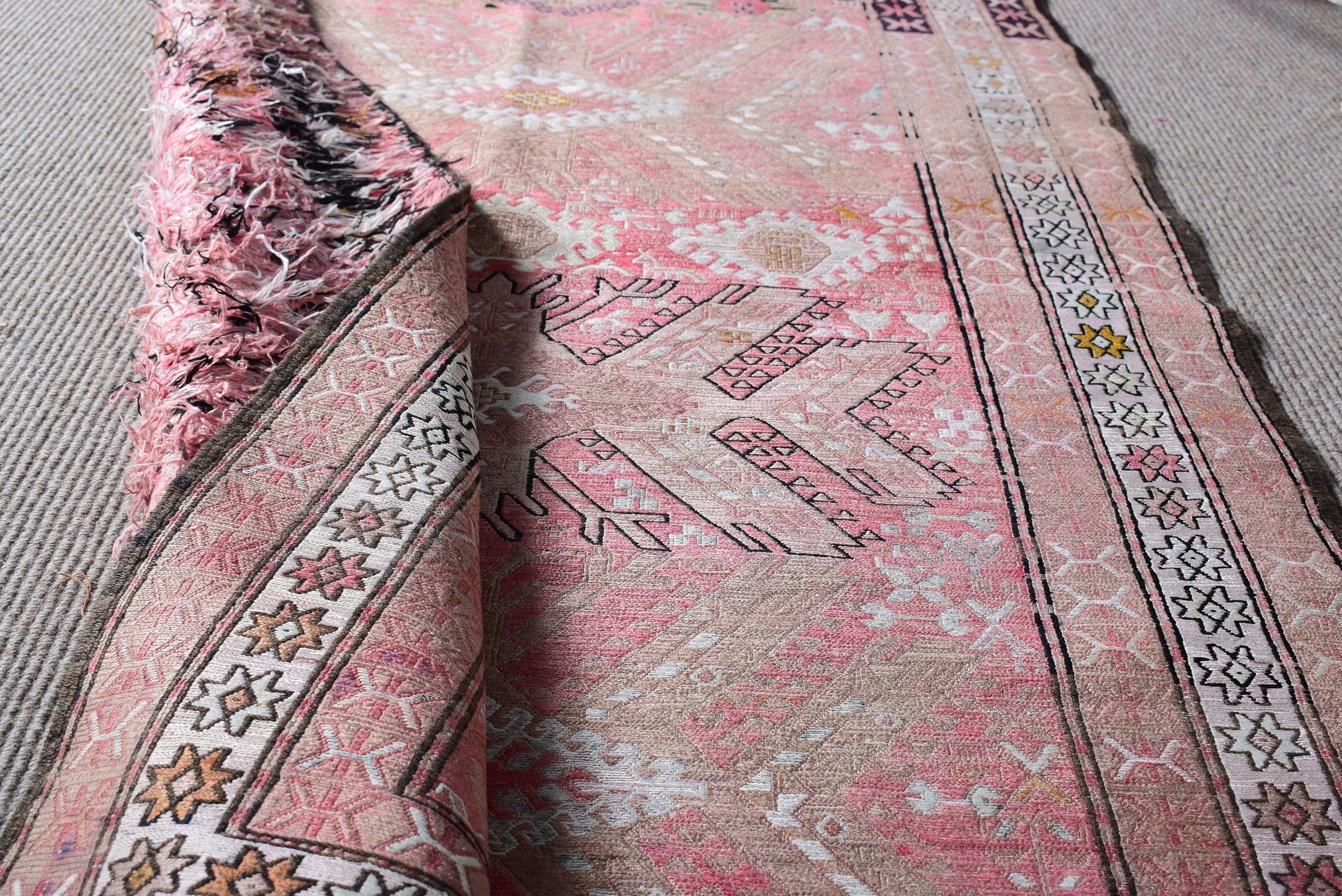 Geometrik Halı, Boho Vurgulu Halılar, Vintage Halı, Boho Vurgulu Halılar, Pembe Açıklama Halısı, Türk Halısı, El Dokuma Halı, 3,3x4,8 ft Vurgulu Halılar