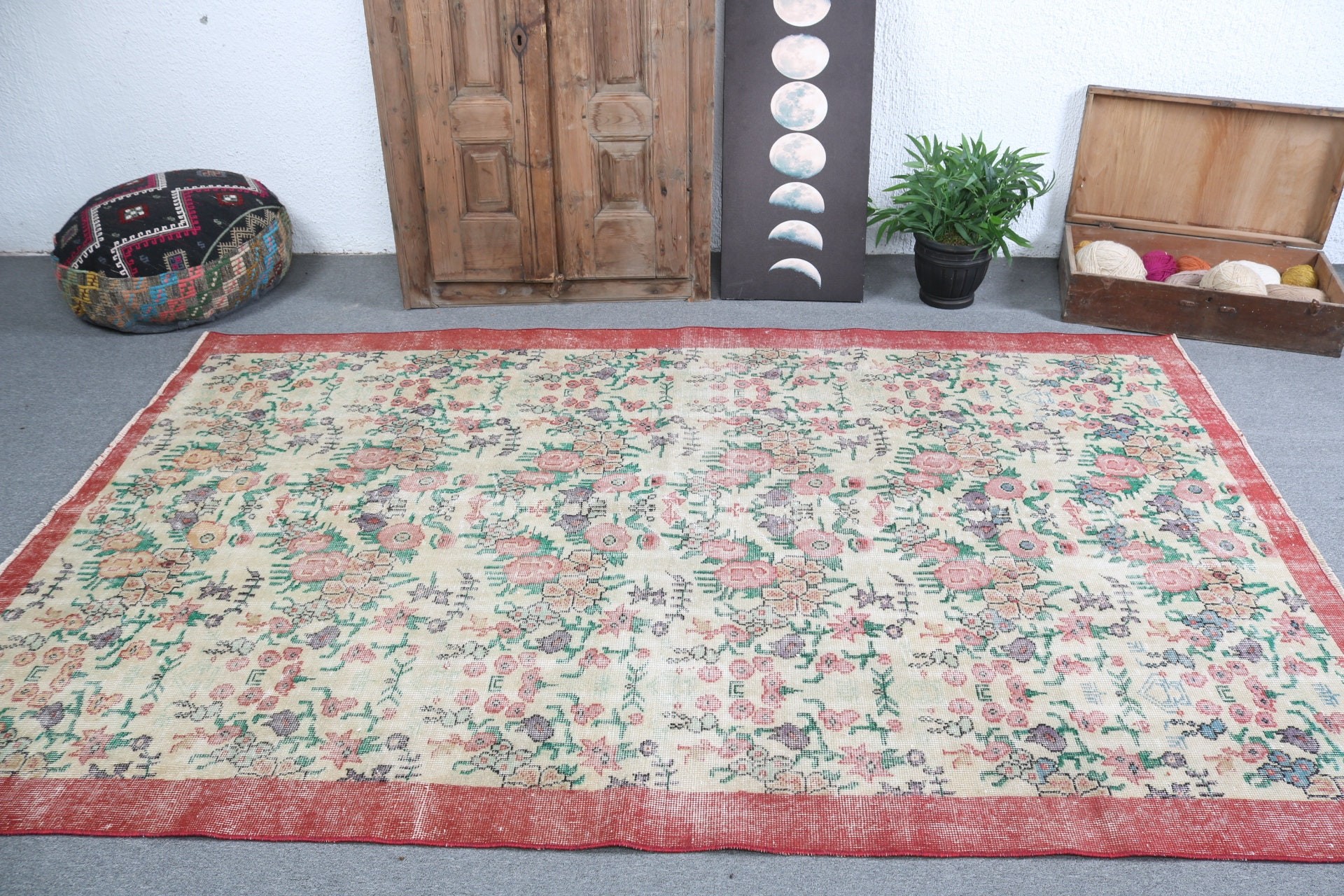 Yün Halılar, Yemek Odası Halıları, Oturma Odası Halısı, Yeşil Antika Halı, Türk Halısı, Vintage Halılar, El Dokuma Halı, Yer Halısı, 5.4x8.5 ft Büyük Halı