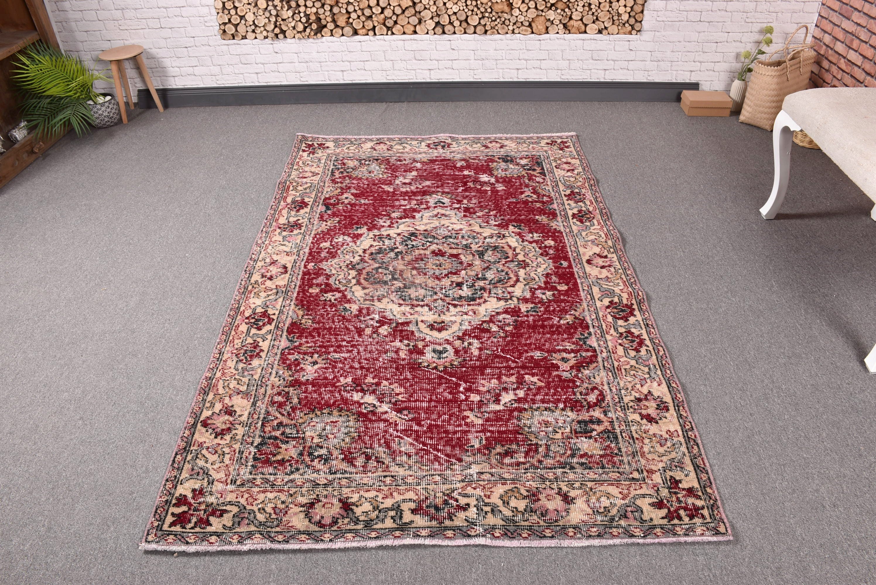 Boho Halılar, Vintage Halılar, İç Mekan Halıları, Türk Halıları, 4,1x6,6 ft Alan Halısı, Geometrik Halı, Boho Alan Halıları, Alan Halıları, Kırmızı Yer Halıları