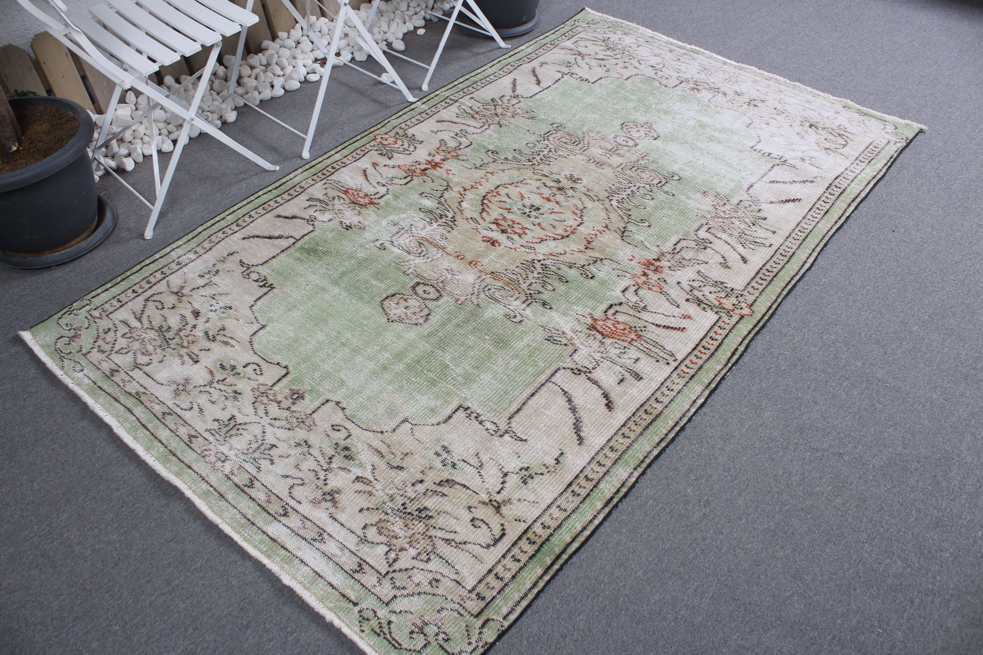 Pale Rug, Antique Rugs, Oushak Rug, Vintage Rug, Green Bedroom Rug, Nursery Rug, Dining Room Rug, Turkish Rugs, 4.4x7.4 ft Area Rug