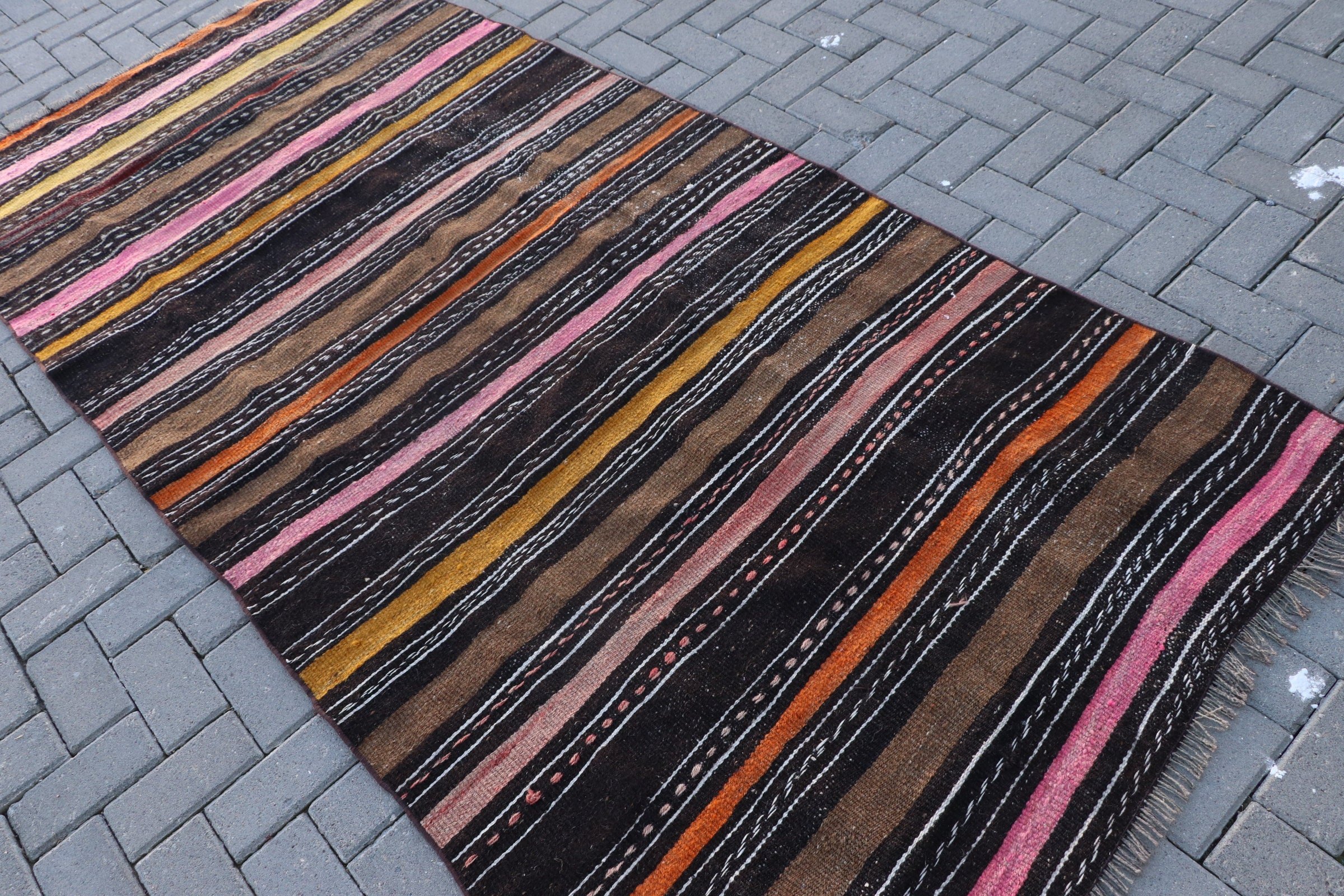 Turkish Rug, Indoor Rugs, Floor Rugs, Kilim, Oriental Rug, Retro Rug, Black  4x8.5 ft Area Rug, Vintage Rug