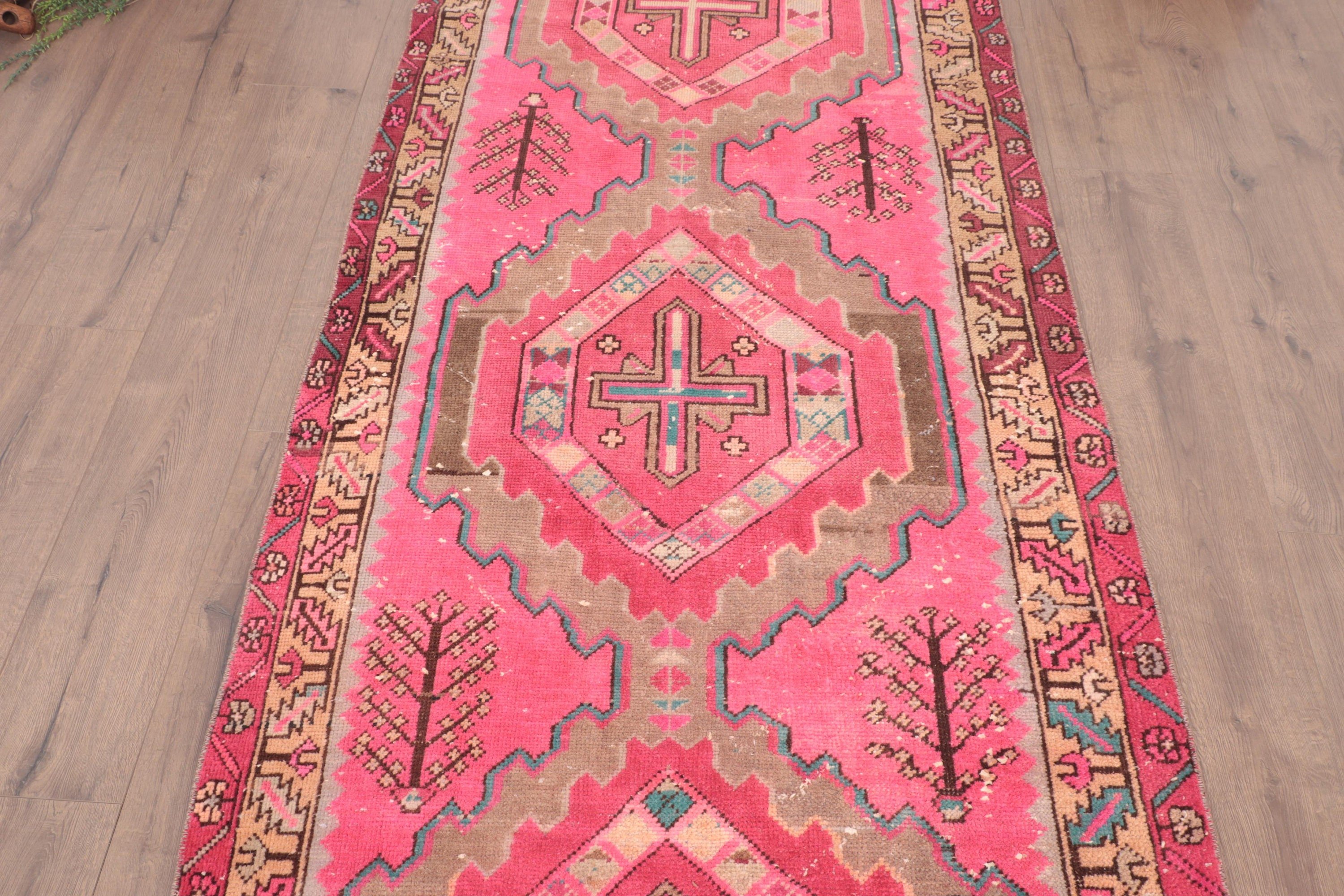 Vintage Runner Halıları, Yer Halısı, Geometrik Halı, Türk Halısı, 3,4x9,4 ft Runner Halısı, Vintage Halı, Oryantal Halı, Koridor Halısı, Pembe Modern Halı