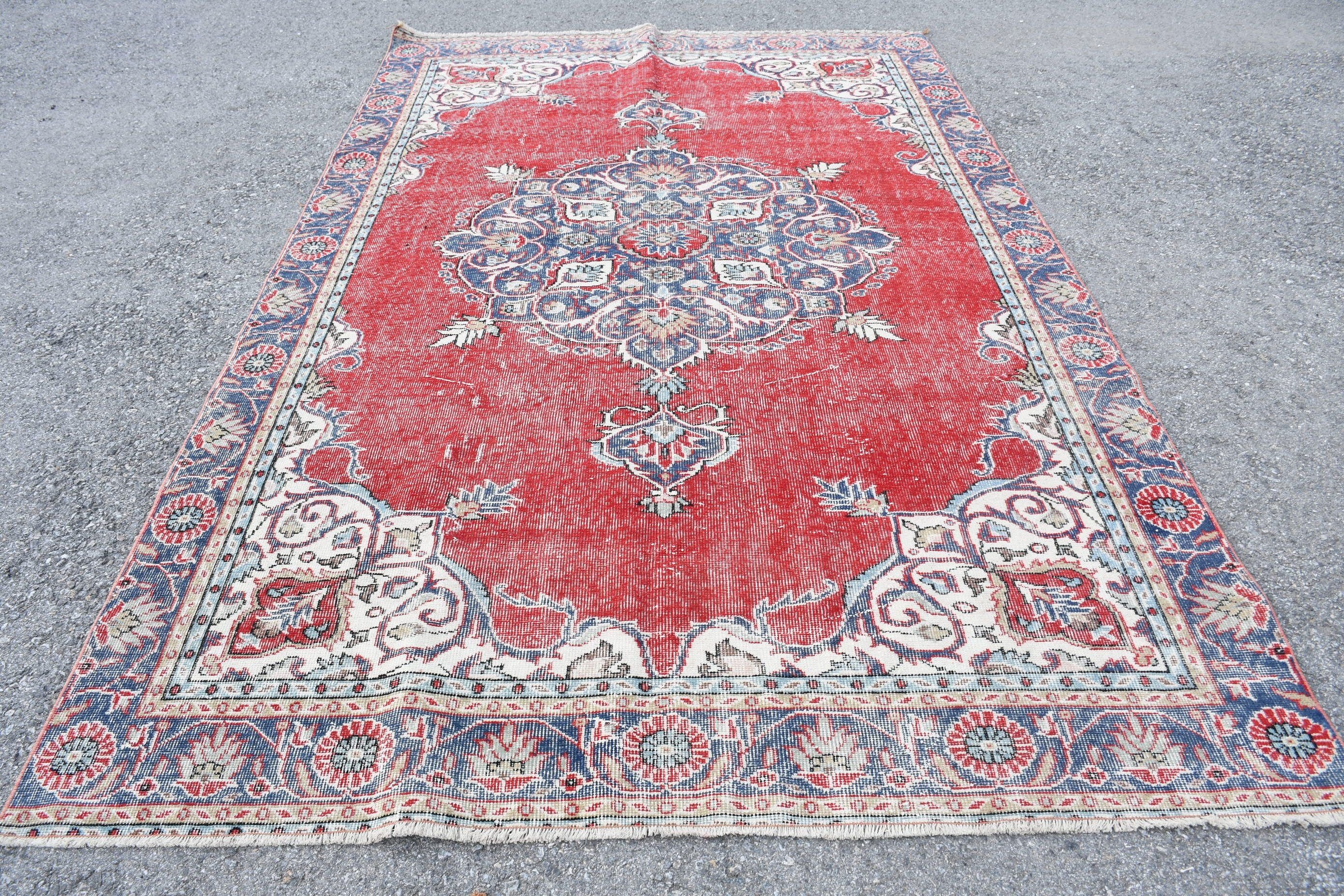 Vintage Halı, Soğuk Halı, 6.4x10.4 ft Büyük Halı, Türk Halısı, Oushak Halısı, Yemek Odası Halısı, Oturma Odası Halıları, Kırmızı Fas Halısı, Salon Halısı