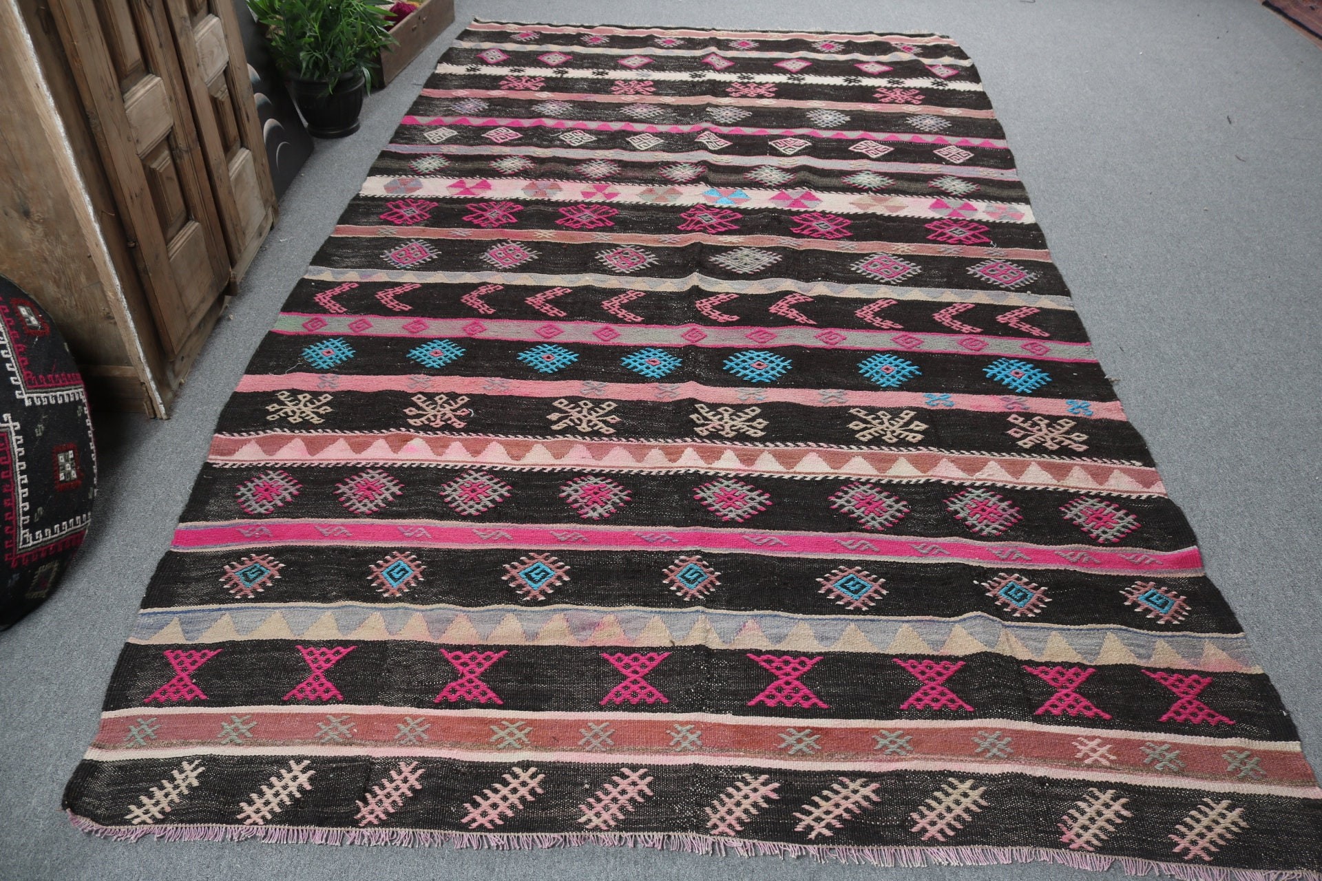 Siyah Yer Halıları, Büyük Vintage Halılar, Kilim, Anadolu Halısı, Yatak Odası Halıları, 6.2x11 ft Büyük Halı, Vintage Halı, Türk Halıları