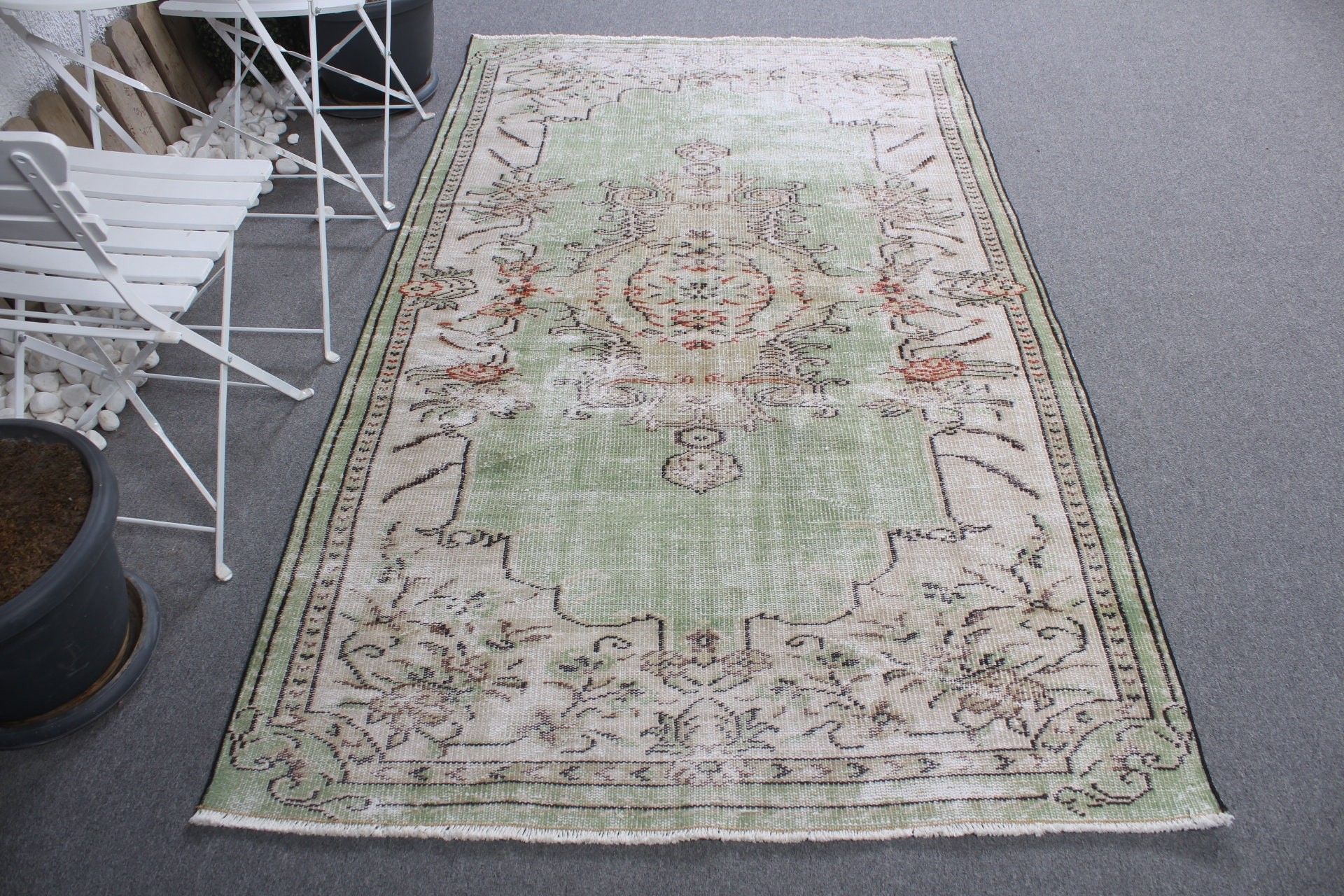 Pale Rug, Antique Rugs, Oushak Rug, Vintage Rug, Green Bedroom Rug, Nursery Rug, Dining Room Rug, Turkish Rugs, 4.4x7.4 ft Area Rug