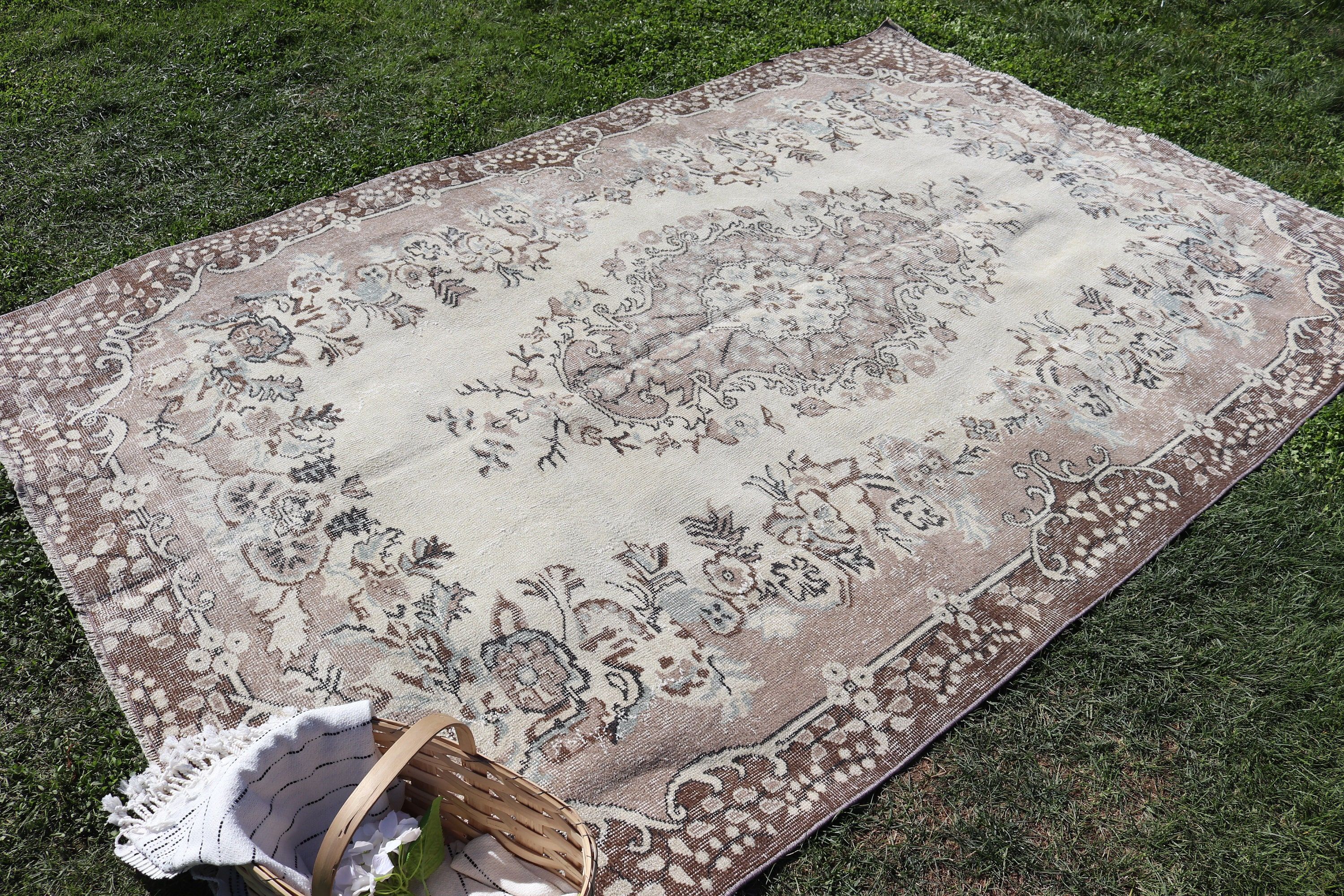 Boho Halı, Vintage Halılar, Fas Halısı, Türk Halıları, Oushak Halısı, 6.1x9.3 ft Büyük Halılar, Bej Soğuk Halılar, Büyük Oushak Halısı, Yatak Odası Halıları