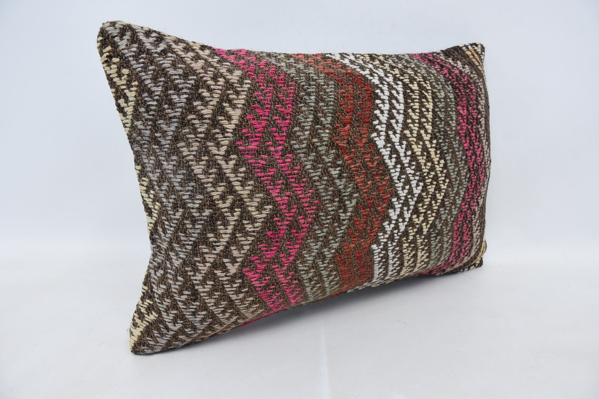 Vintage Throw Cushion Case, Boho Pillow Sham Cover, 16"x24" Pink Pillow Case, Turkish Kilim Pillow, Handmade Kilim Cushion