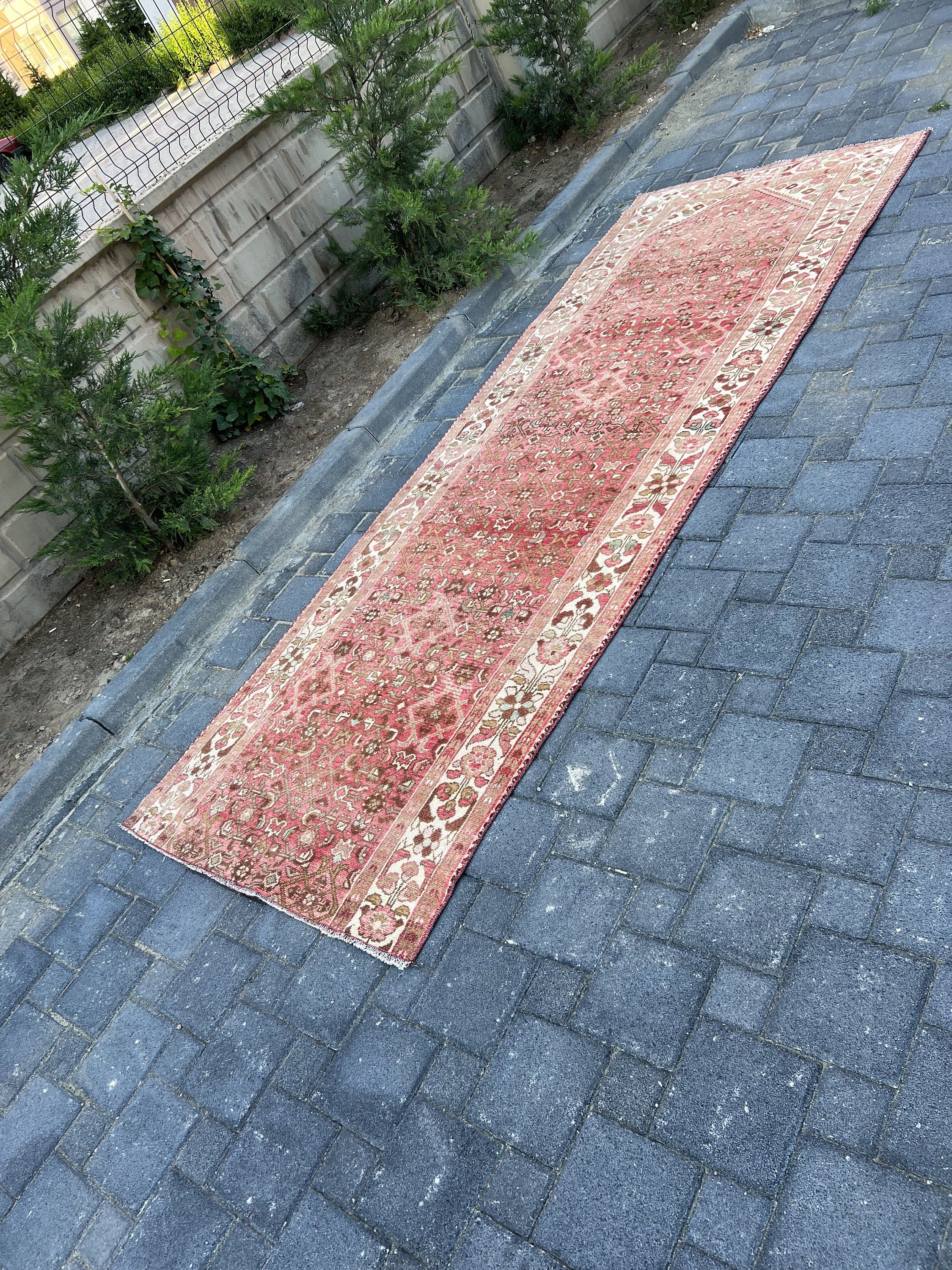 Pink Wool Rug, Bohemian Rug, Rugs for Kitchen, Corridor Rugs, Kitchen Rug, 3.7x10.6 ft Runner Rug, Vintage Rugs, Turkish Rug