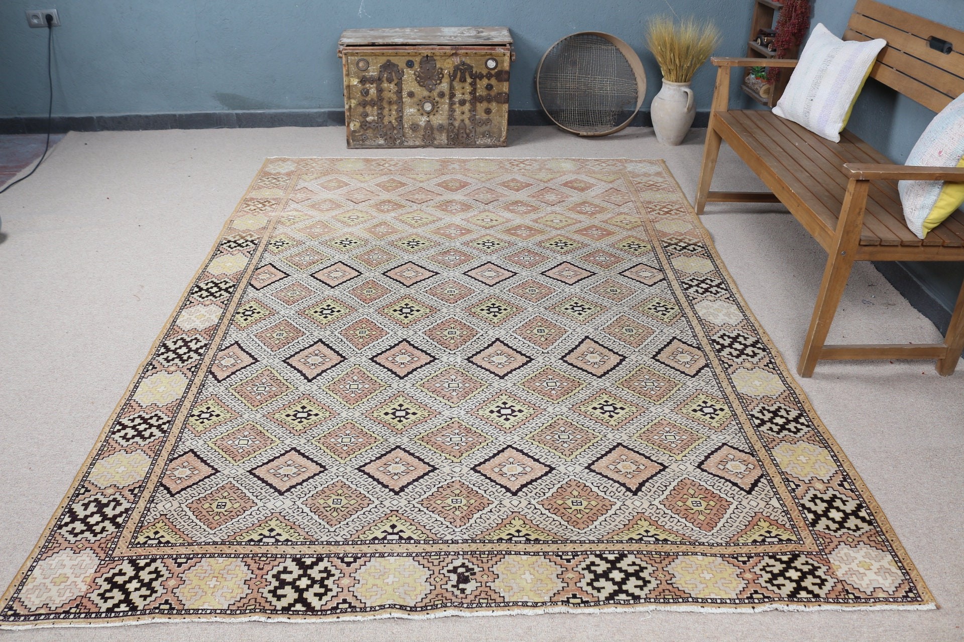 Organik Halı, Oturma Odası Halıları, 6,3x9 ft Büyük Halı, Yatak Odası Halısı, Bej Mutfak Halısı, Antika Halılar, Vintage Halı, Türk Halıları, Yemek Odası Halısı