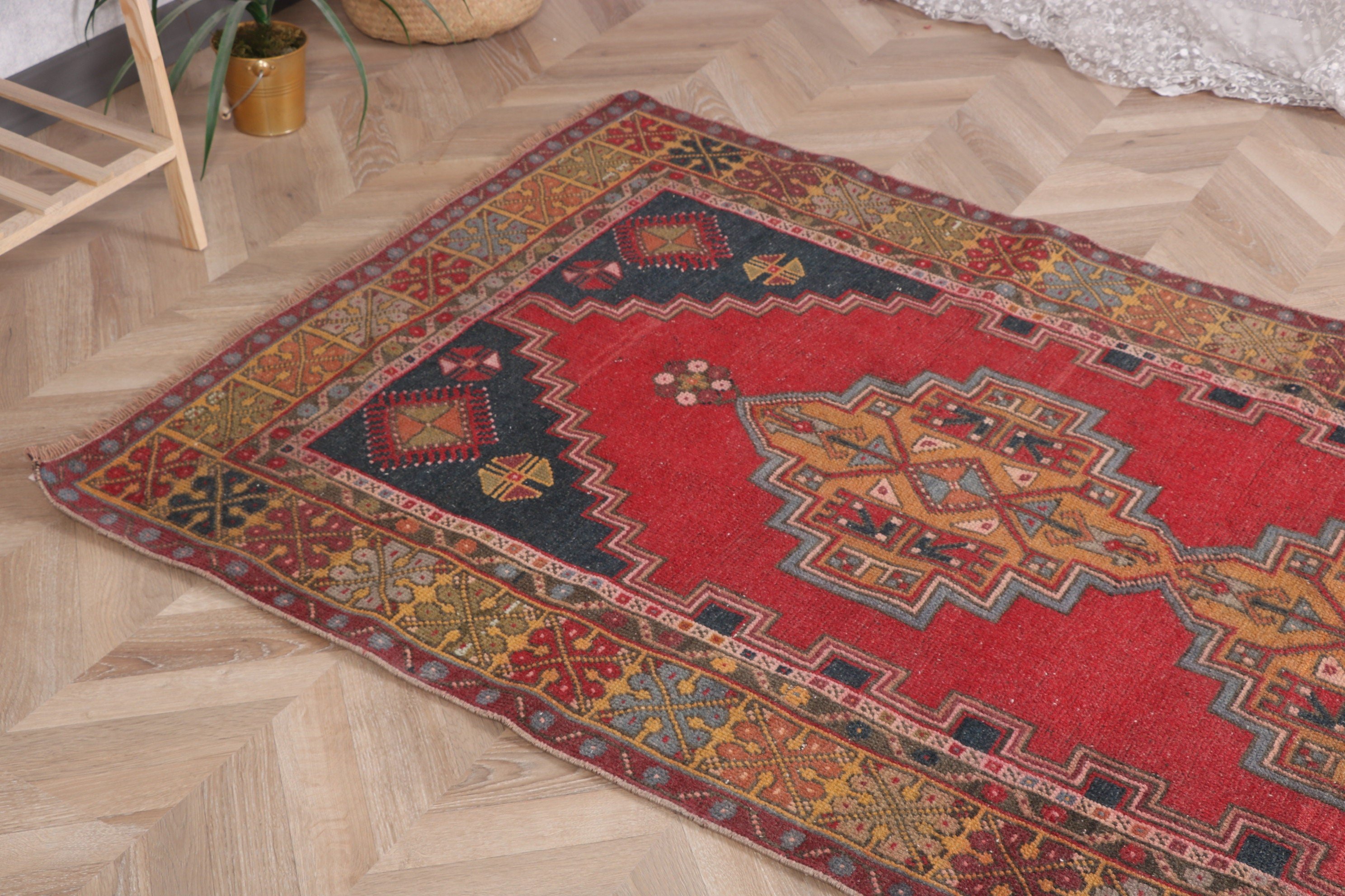 Vintage Halı, Yün Halı, Oryantal Halılar, Türk Halısı, Kırmızı Modern Halılar, 3,8x7,1 ft Alan Halıları, Yemek Odası Halıları, Yatak Odası Halısı, Boho Alan Halısı