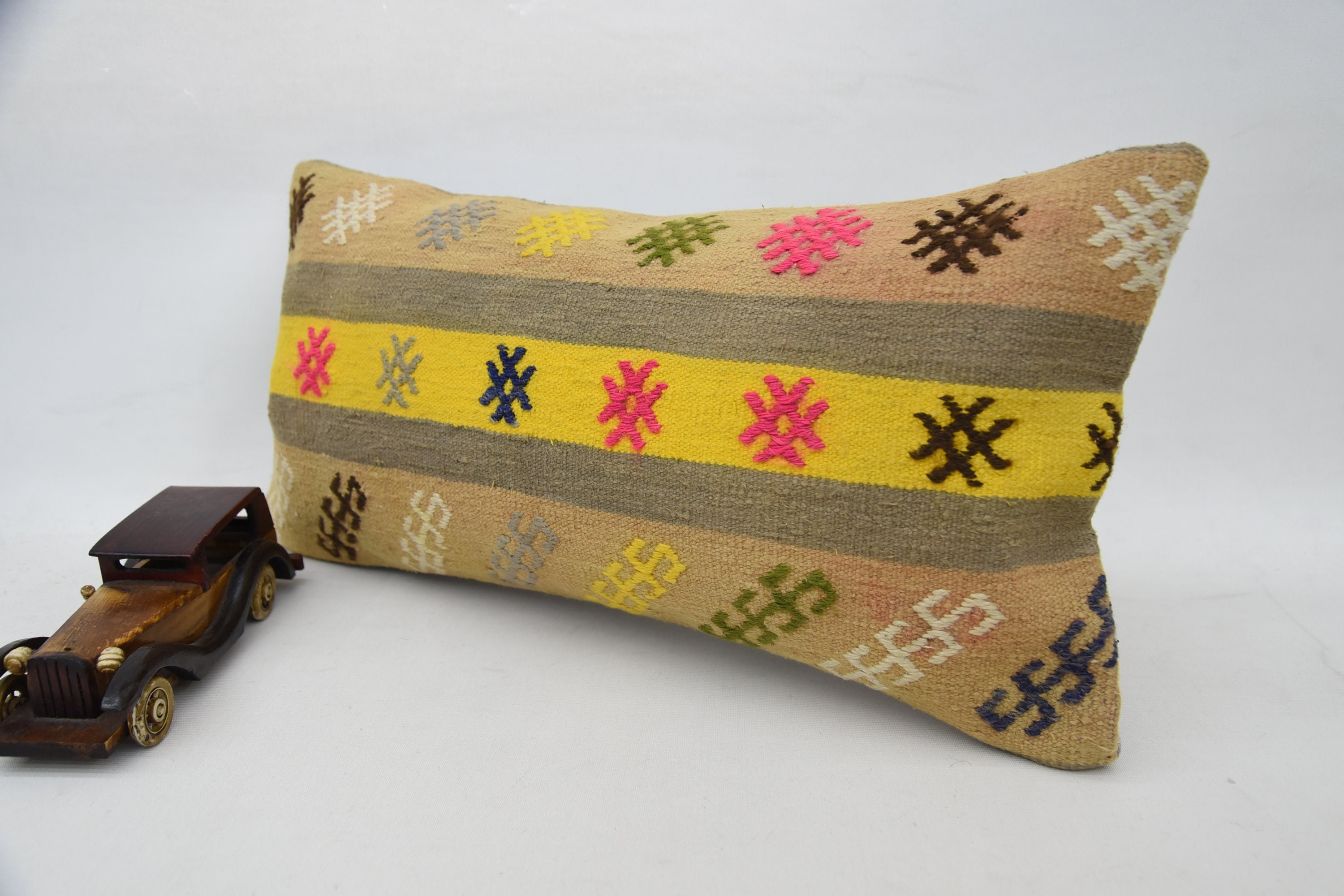 Handmade Pillow, Turkish Pillow, Vintage Kilim Throw Pillow, 12"x24" Yellow Pillow Cover, Home Decor Pillow, Bohemian Cushion Pillow Case