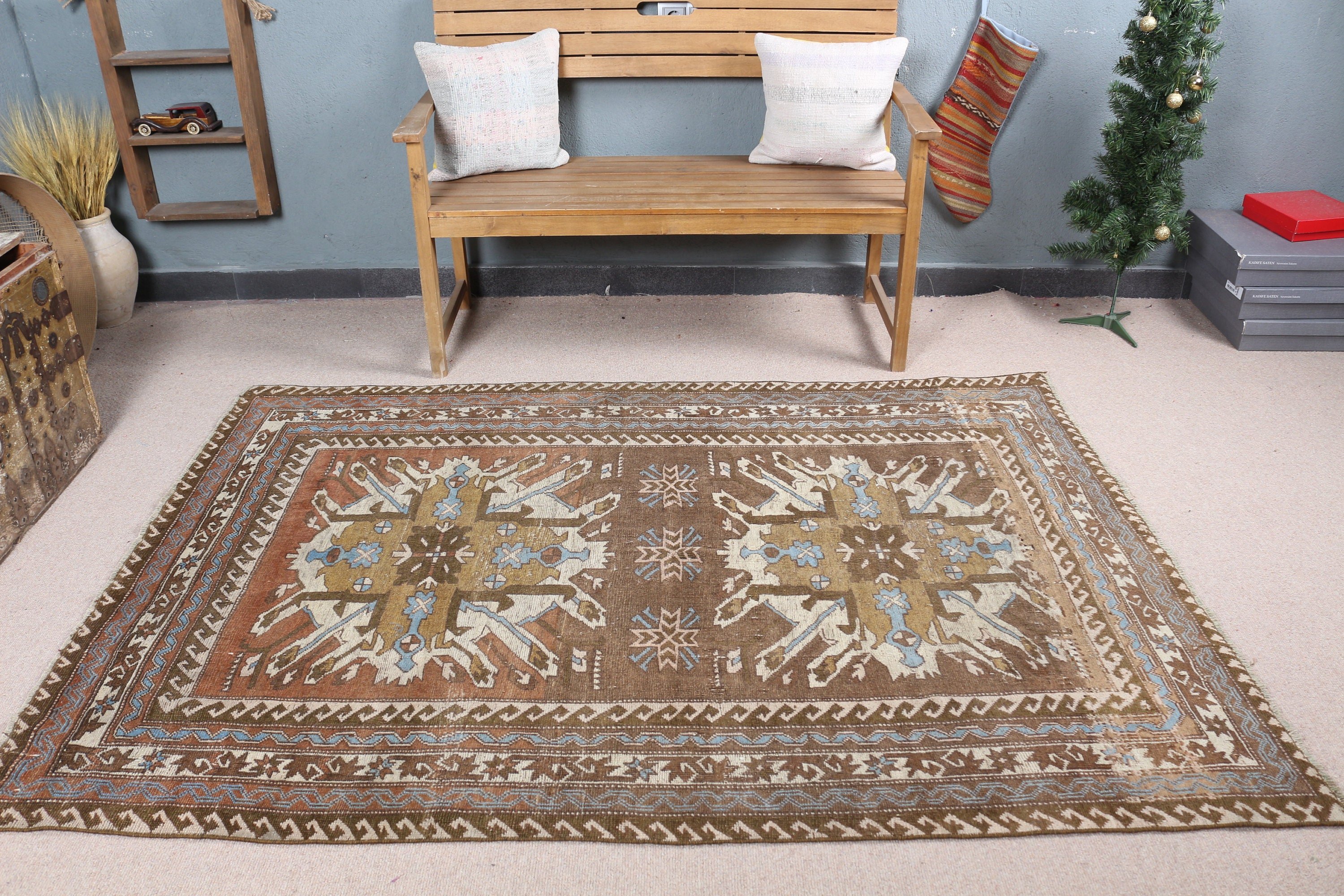 Bedroom Rug, Moroccan Rug, Retro Rug, 4.8x6.9 ft Area Rug, Floor Rugs, Brown Home Decor Rug, Rugs for Living Room, Vintage Rug, Turkish Rug