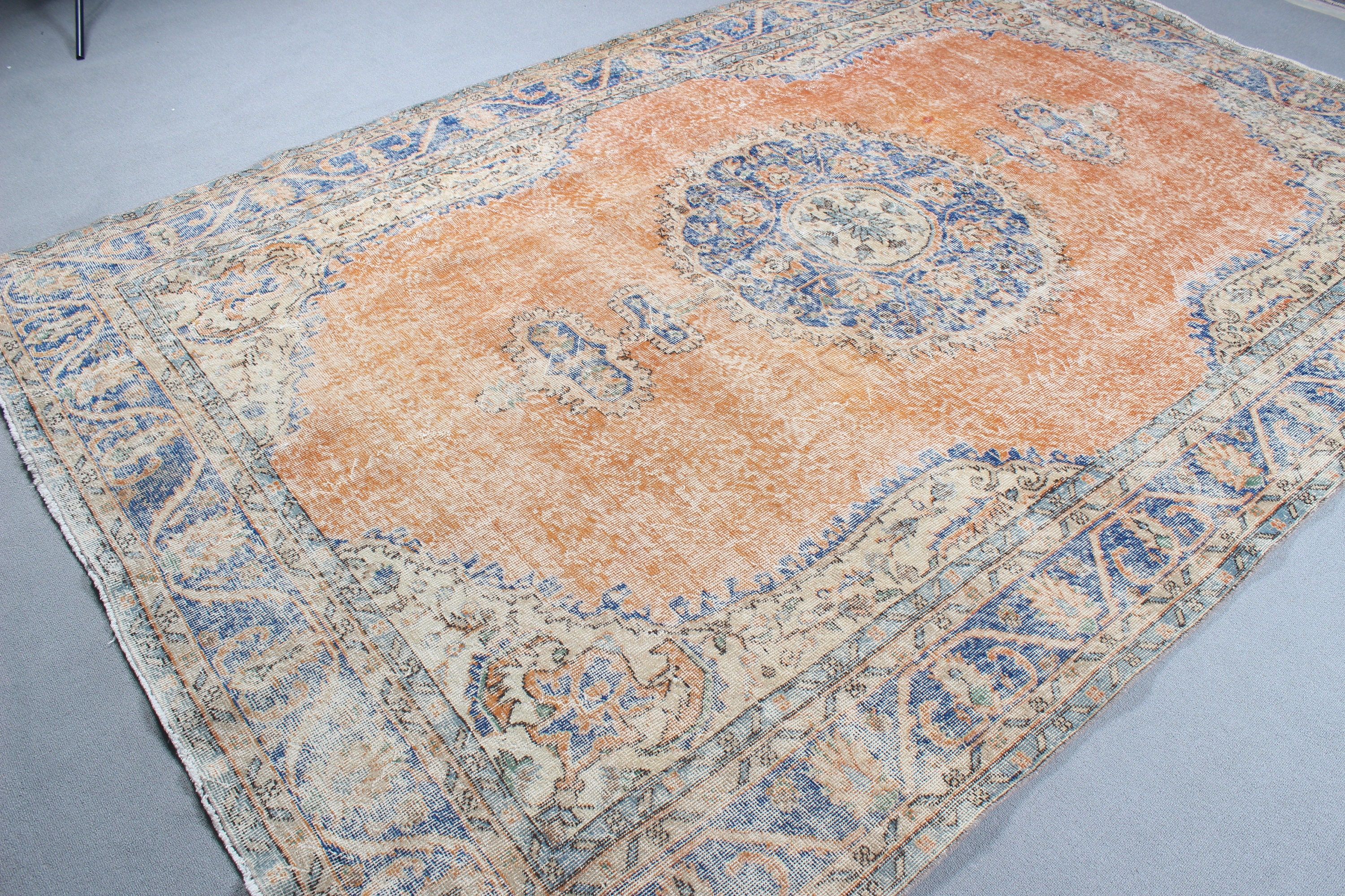 Vintage Rugs, Turkish Rugs, Geometric Rug, Oriental Rugs, Saloon Rugs, Orange Kitchen Rug, 7.2x10.6 ft Oversize Rugs, Oversize Turkish Rug