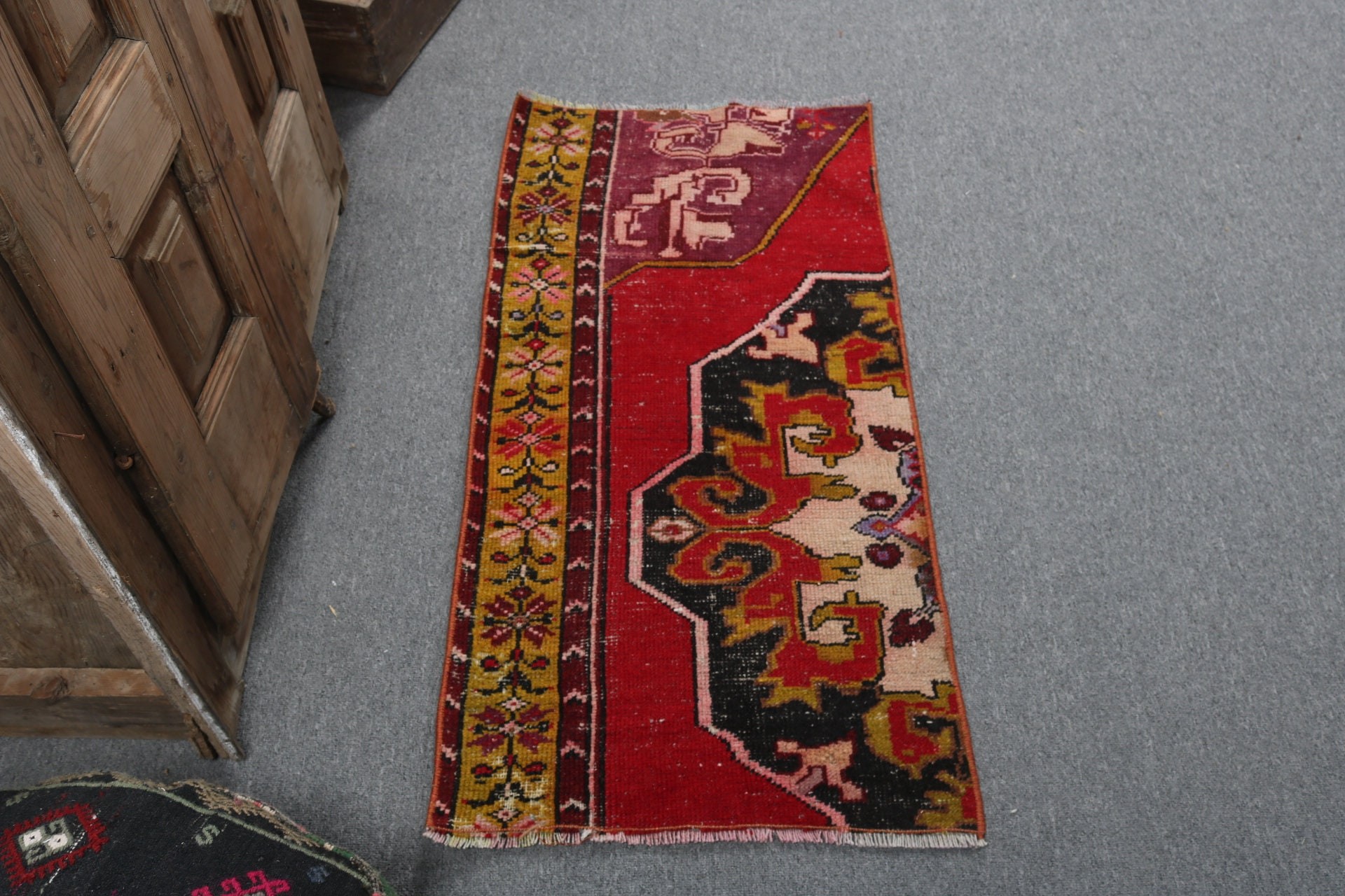 Vintage Halılar, Geleneksel Halı, Küçük Boho Halı, Banyo Halıları, Kırmızı El Dokuma Halılar, Boho Halı, 1.7x3.5 ft Küçük Halılar, Türk Halıları, Geometrik Halı