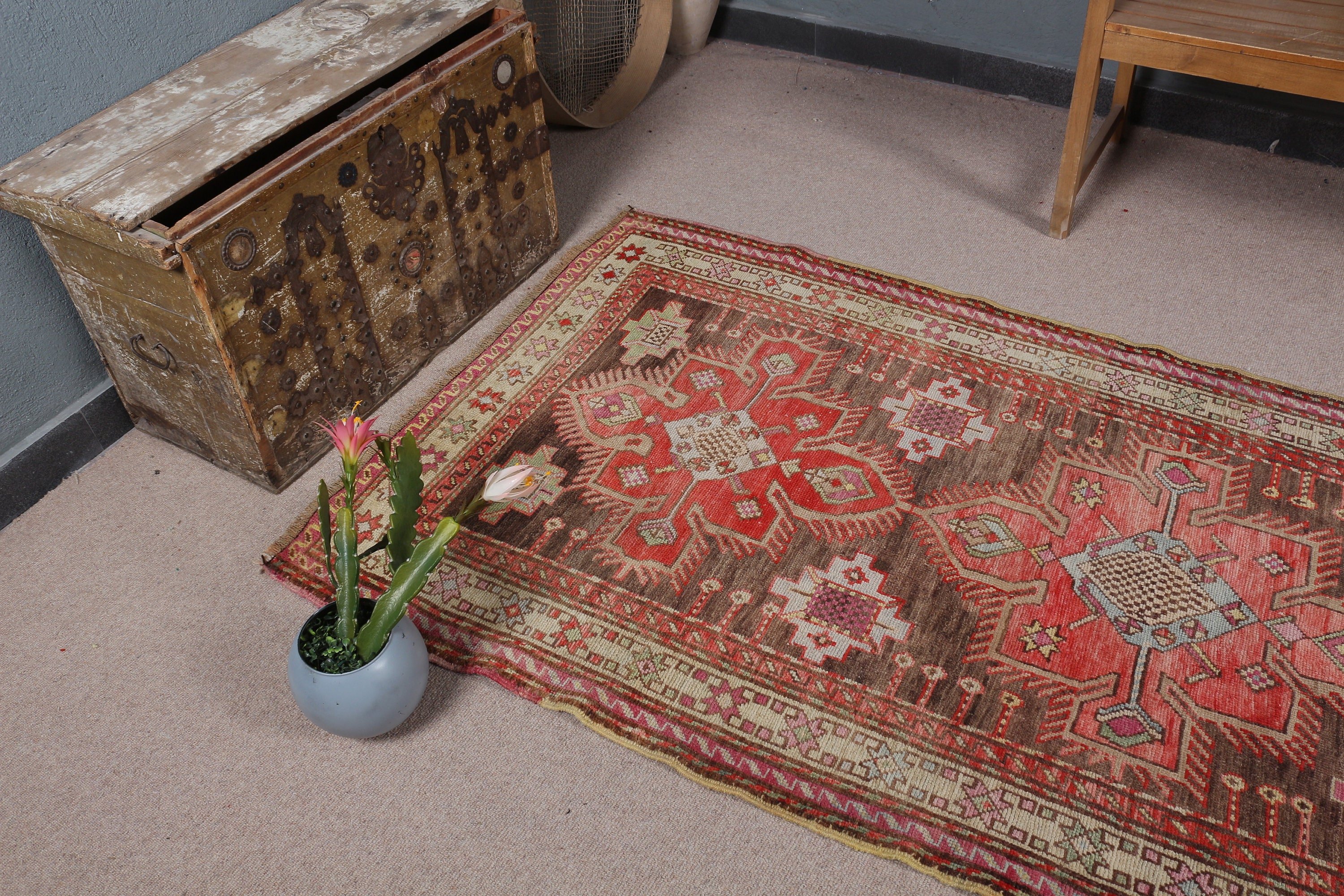 3.7x8.3 ft Area Rug, Red Antique Rugs, Wool Rug, Rugs for Indoor, Bedroom Rugs, Floor Rug, Dining Room Rug, Vintage Rug, Turkish Rug