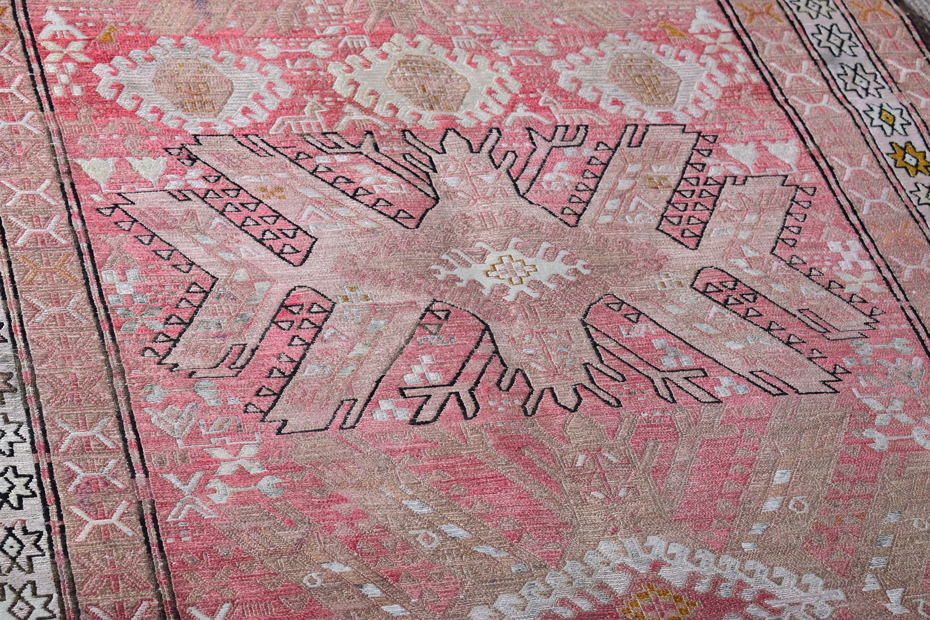 Geometrik Halı, Boho Vurgulu Halılar, Vintage Halı, Boho Vurgulu Halılar, Pembe Açıklama Halısı, Türk Halısı, El Dokuma Halı, 3,3x4,8 ft Vurgulu Halılar