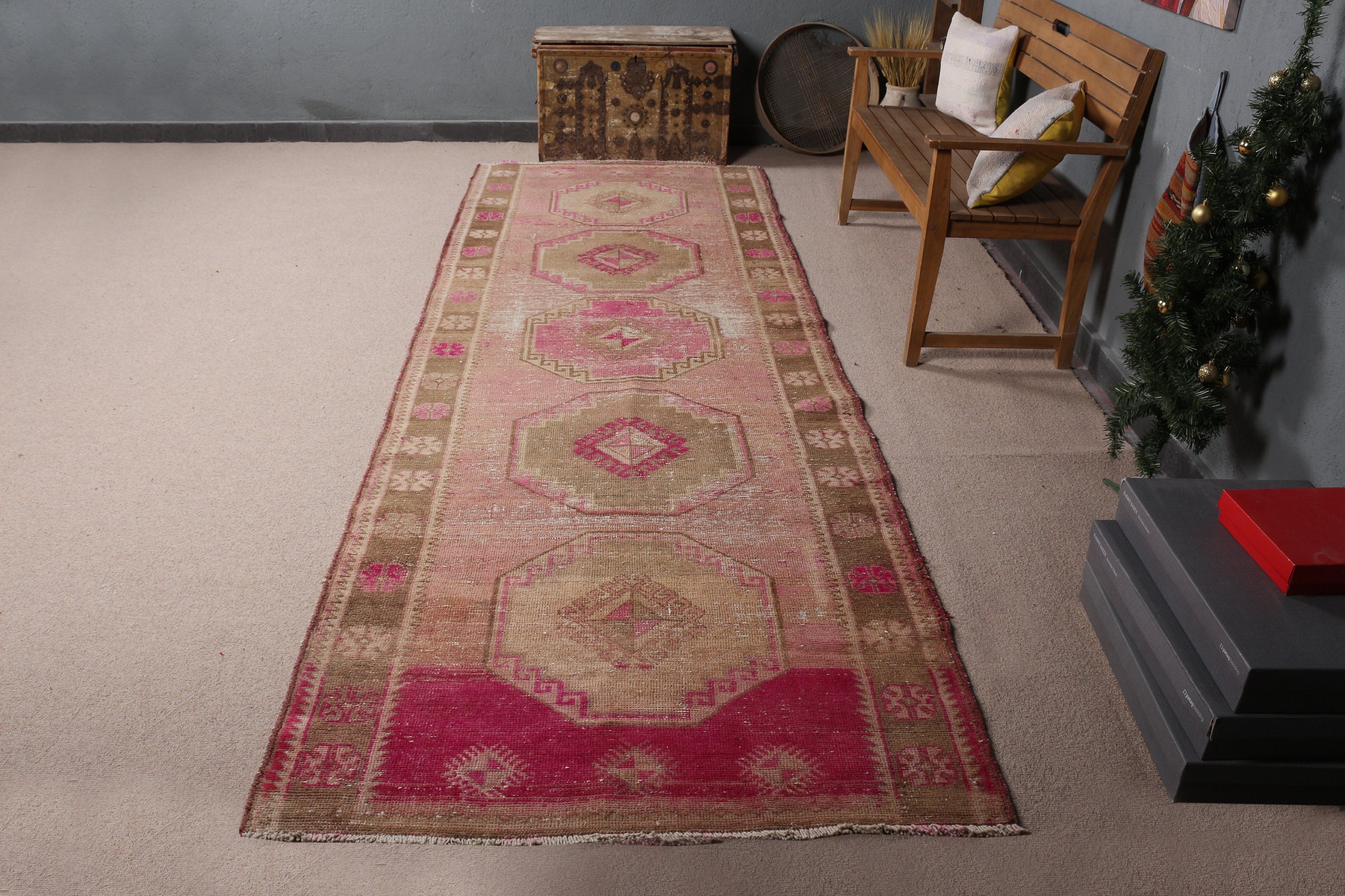 3.9x11.7 ft Runner Halı, Mutfak Halıları, Koridor Halısı, Türk Halısı, Dış Mekan Halısı, Vintage Halı, Antika Halı, Yer Halısı, Pembe Mutfak Halısı