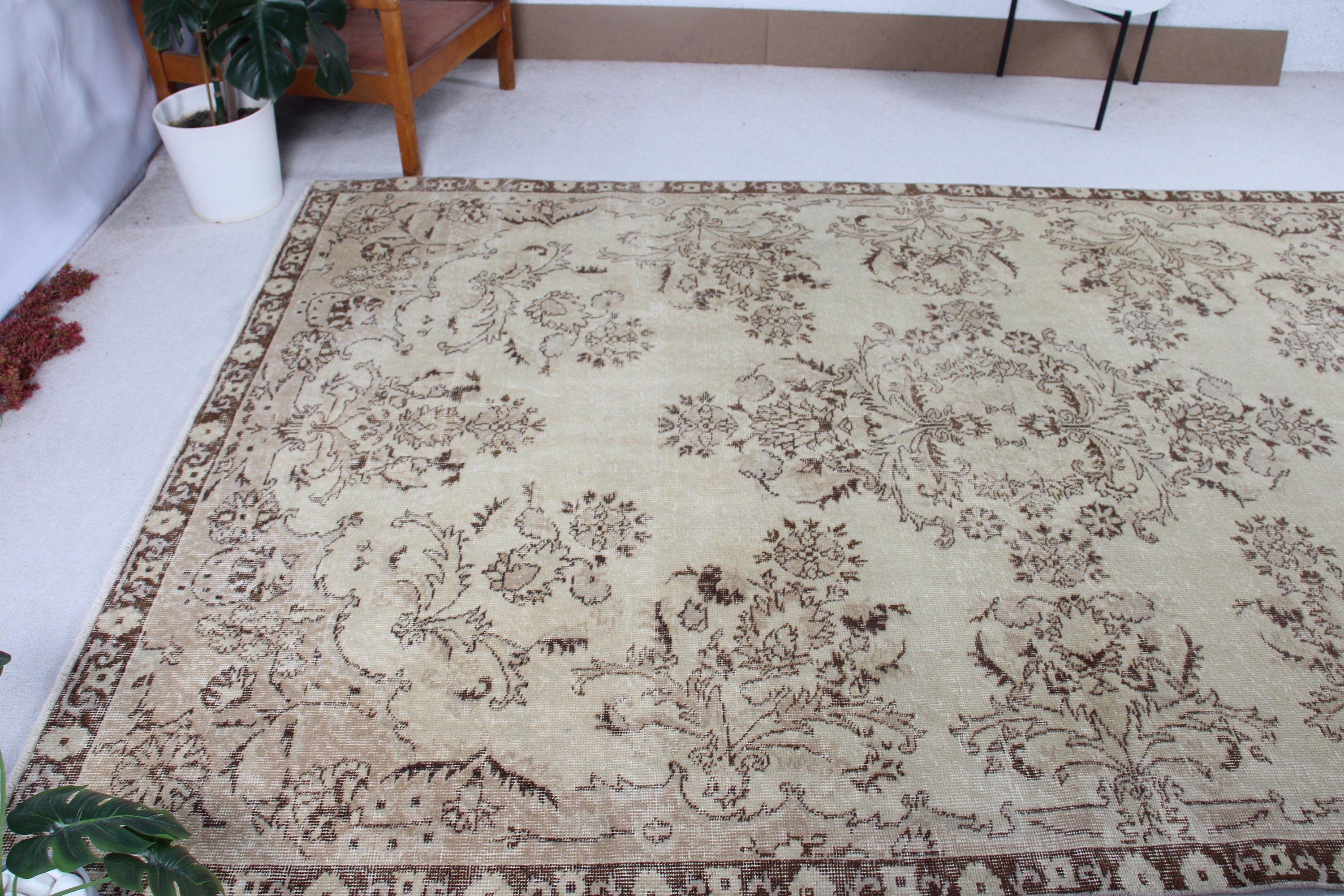 Açıklama Halısı, Bej Antika Halı, Etnik Halılar, Yatak Odası Halısı, Havalı Halılar, Vintage Halı, Büyük Oushak Halıları, 6,5x10,4 ft Büyük Halı, Türk Halısı