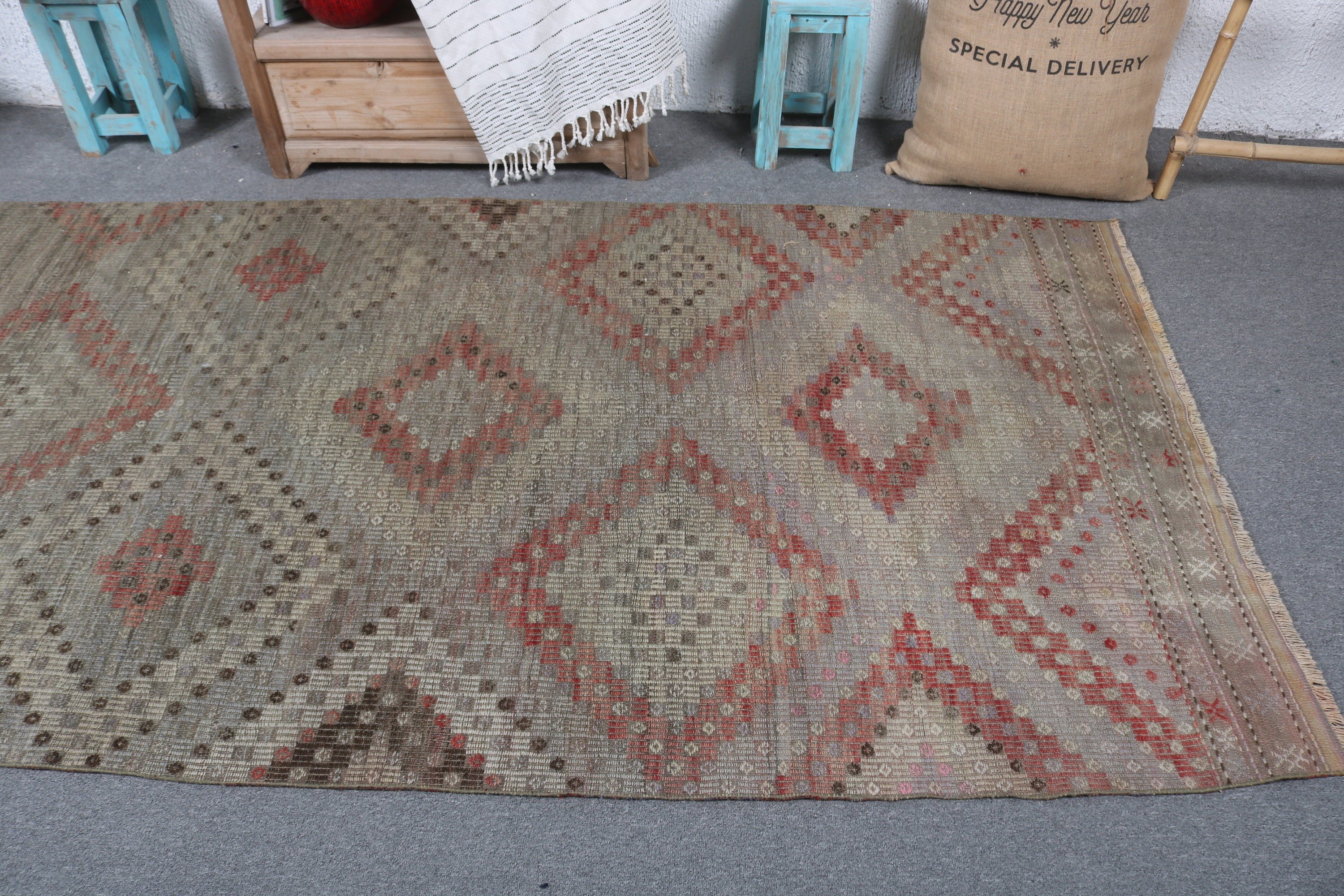 Mutfak Halıları, 4.1x9.7 ft Alan Halıları, Kilim, Vintage Halılar, Oturma Odası Halıları, Yer Halıları, Yeşil El Dokuma Halı, Oushak Halı, Türk Halısı