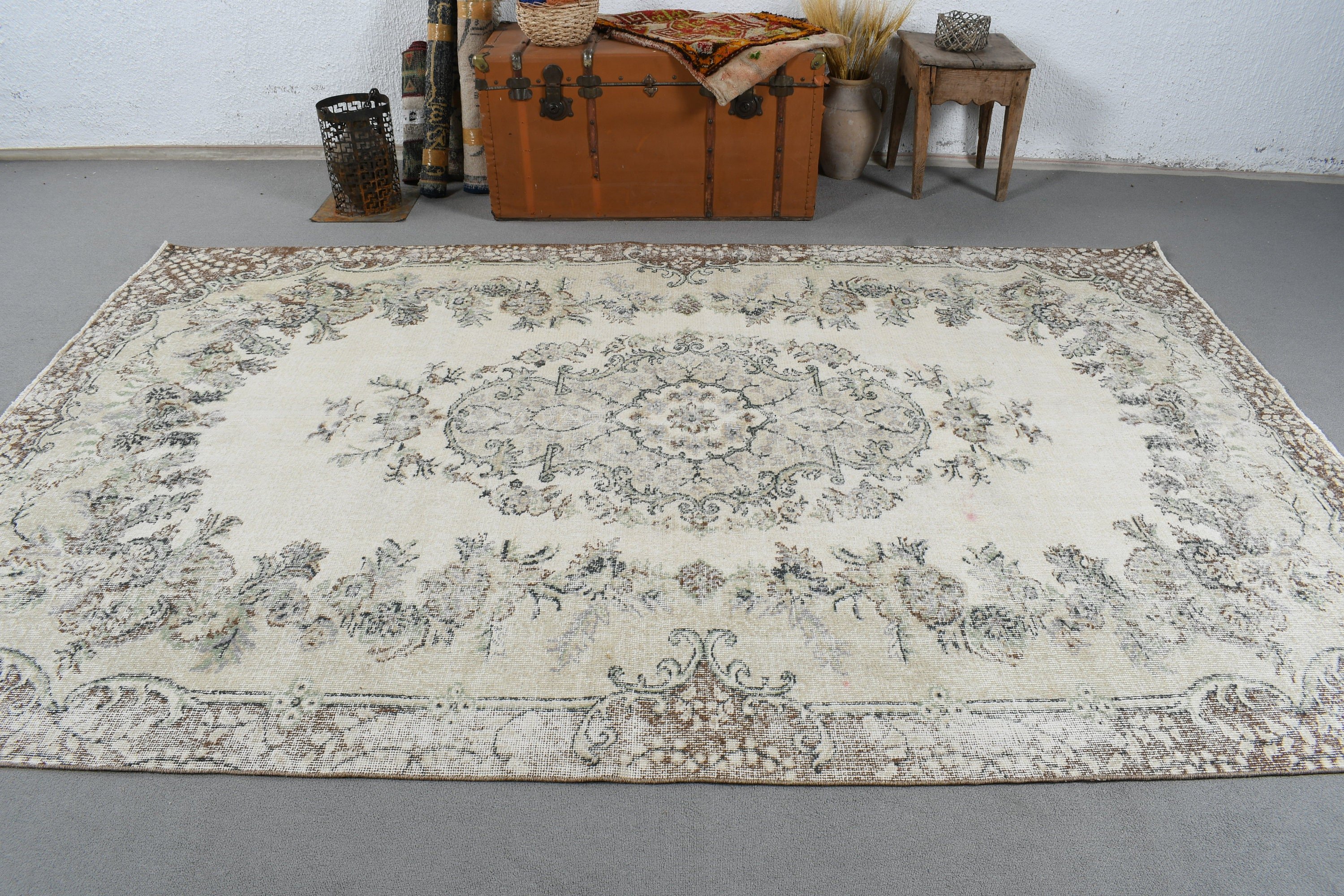 Antika Halı, Vintage Halı, Türk Halıları, Büyük Boho Halısı, 6x9.6 ft Büyük Halı, Büyük Vintage Halıları, Bej Nötr Halı, Ofis Halısı