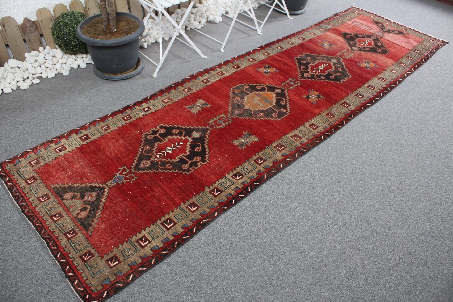 Mutfak Halısı, Vintage Halı, Mutfak Halıları, Türk Halısı, Yün Halı, 3.1x11 ft Yolluk Halısı, Kırmızı Anadolu Halıları, Merdiven Halısı