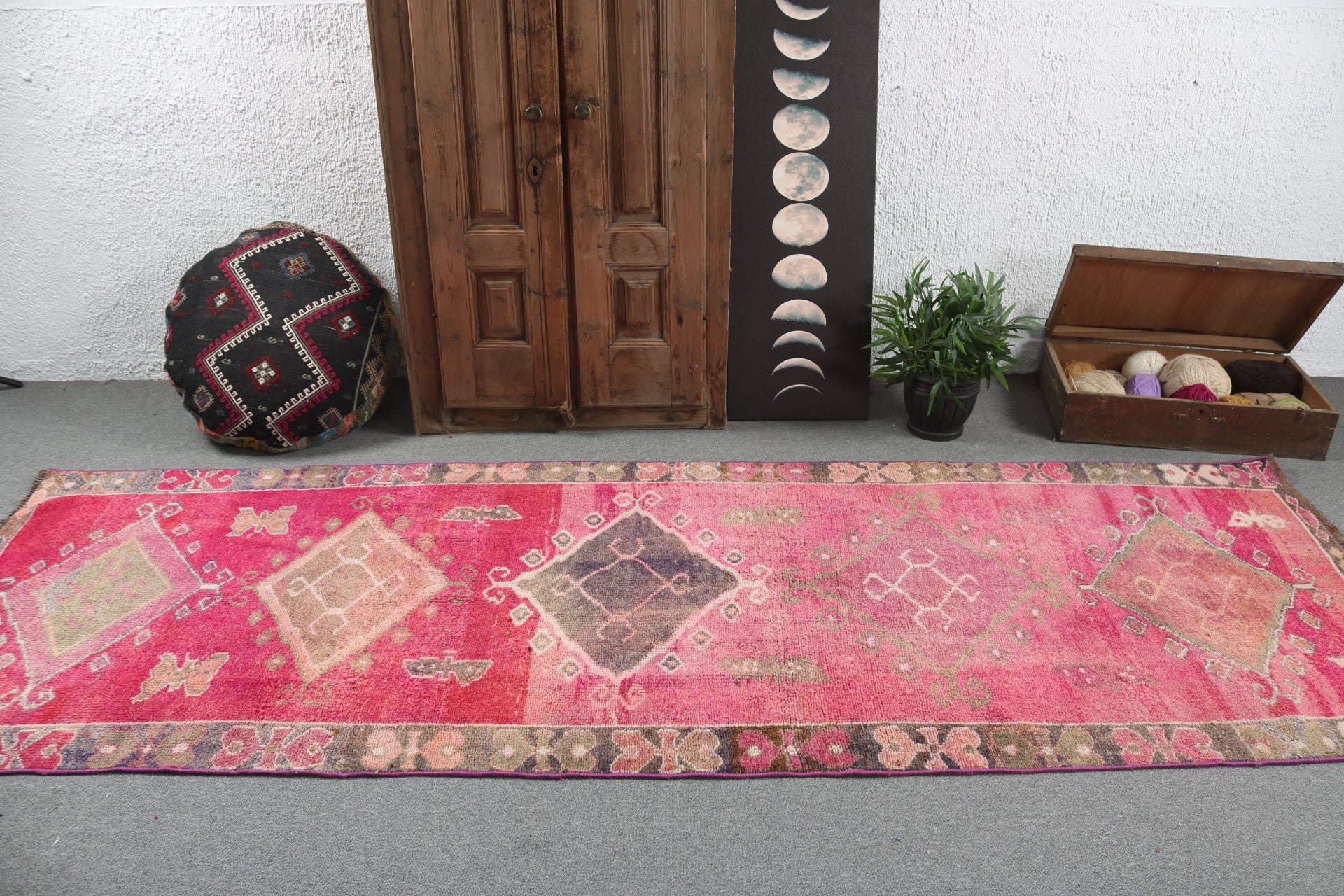 3.6x10.3 ft Runner Halı, Geometrik Halı, Anadolu Halıları, Mutfak Halısı, Türk Halısı, Koridor Halıları, Boho Halıları, Vintage Halı, Pembe Düz Dokuma Halılar