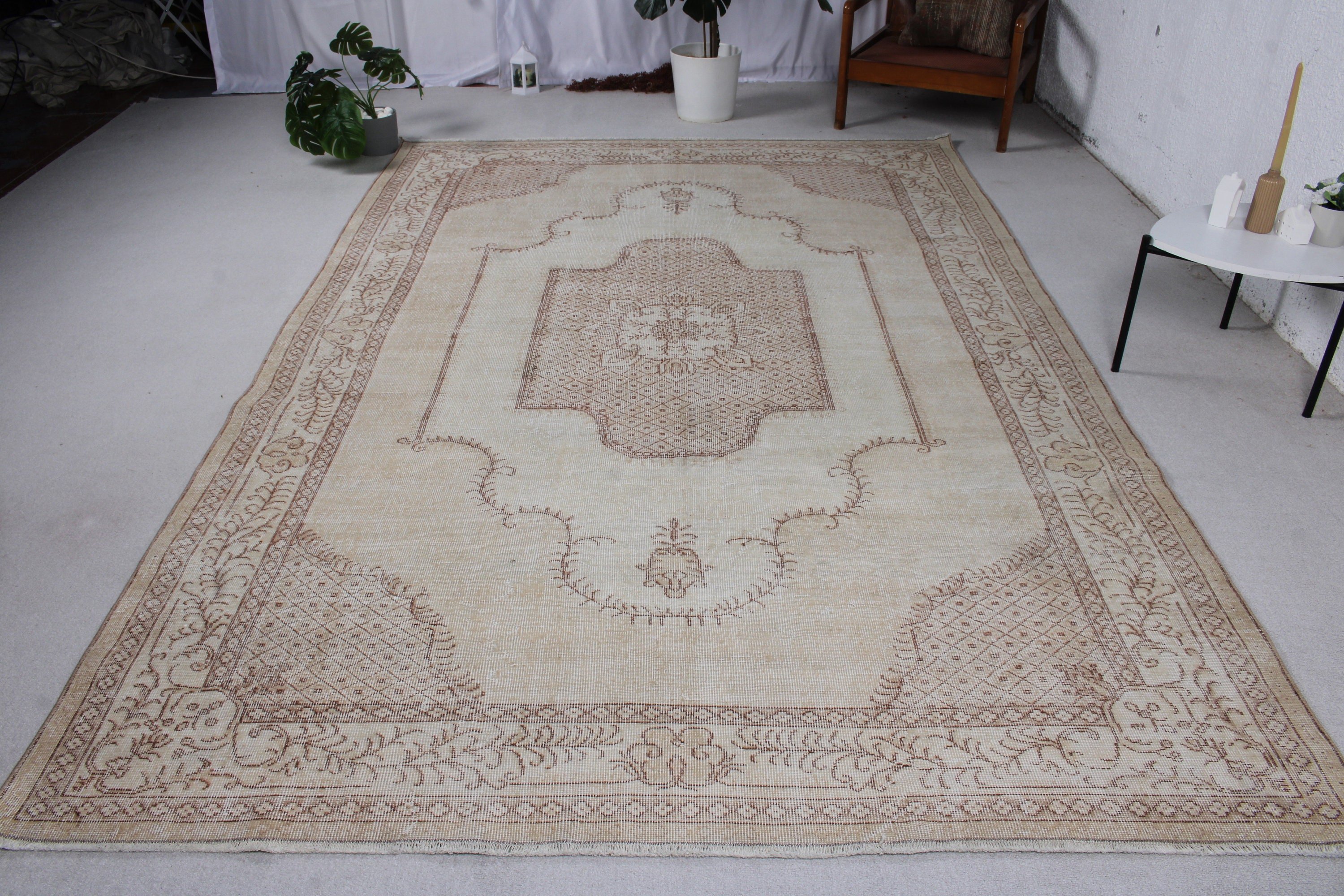 Bej Yer Halısı, Türk Halıları, Açıklama Halıları, Salon Halısı, Ev Dekorasyonu Halısı, Vintage Halı, 6.8x10.3 ft Büyük Boy Halılar, Yemek Odası Halıları