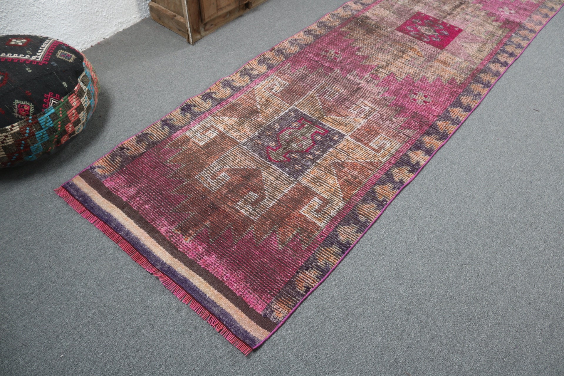 3.2x11.8 ft Runner Halı, Koridor Halıları, Vintage Halılar, Açıklama Halıları, Türk Halıları, Antika Halı, Pembe Yün Halı, Boho Halı, Uzun Yolluk Halıları