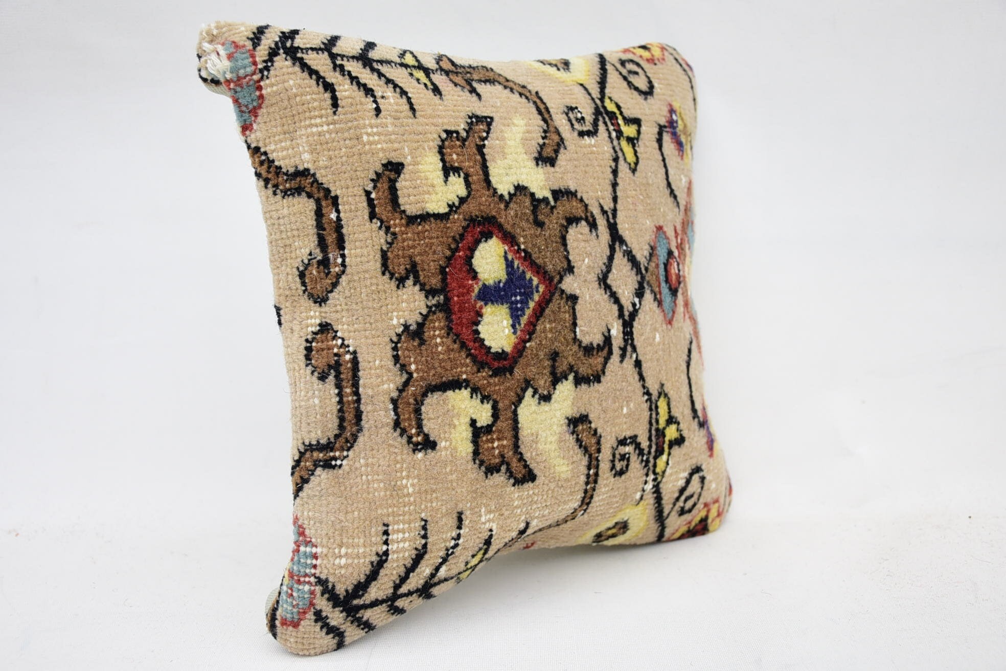 Throw Kilim Pillow, Knitted Cushion, Handmade Kilim Cushion, 12"x12" Beige Pillow Cover, Sofa Cushion Cover, Boho Pillow