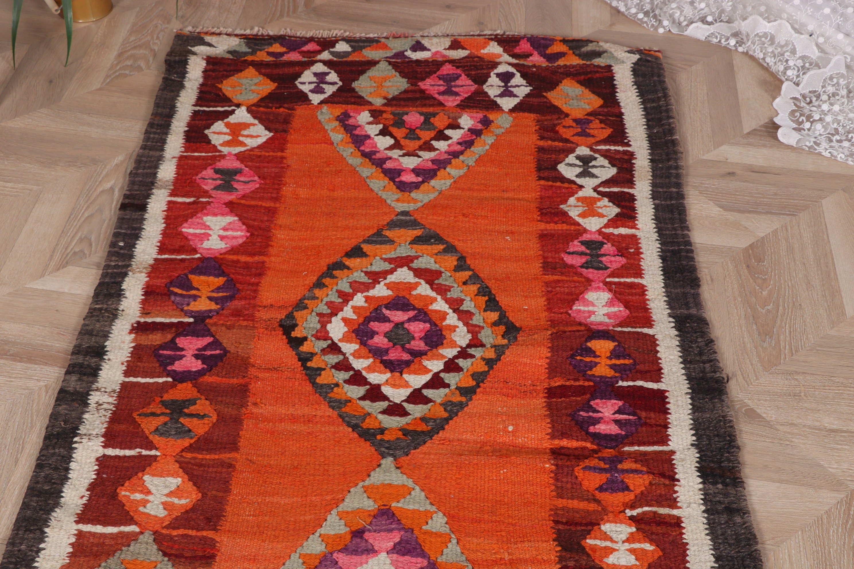 Flatweave Rug, Turkish Rug, Vintage Rug, Orange Luxury Rug, 3x10.1 ft Runner Rug, Beni Ourain Runner Rug, Rugs for Kitchen, Home Decor Rug