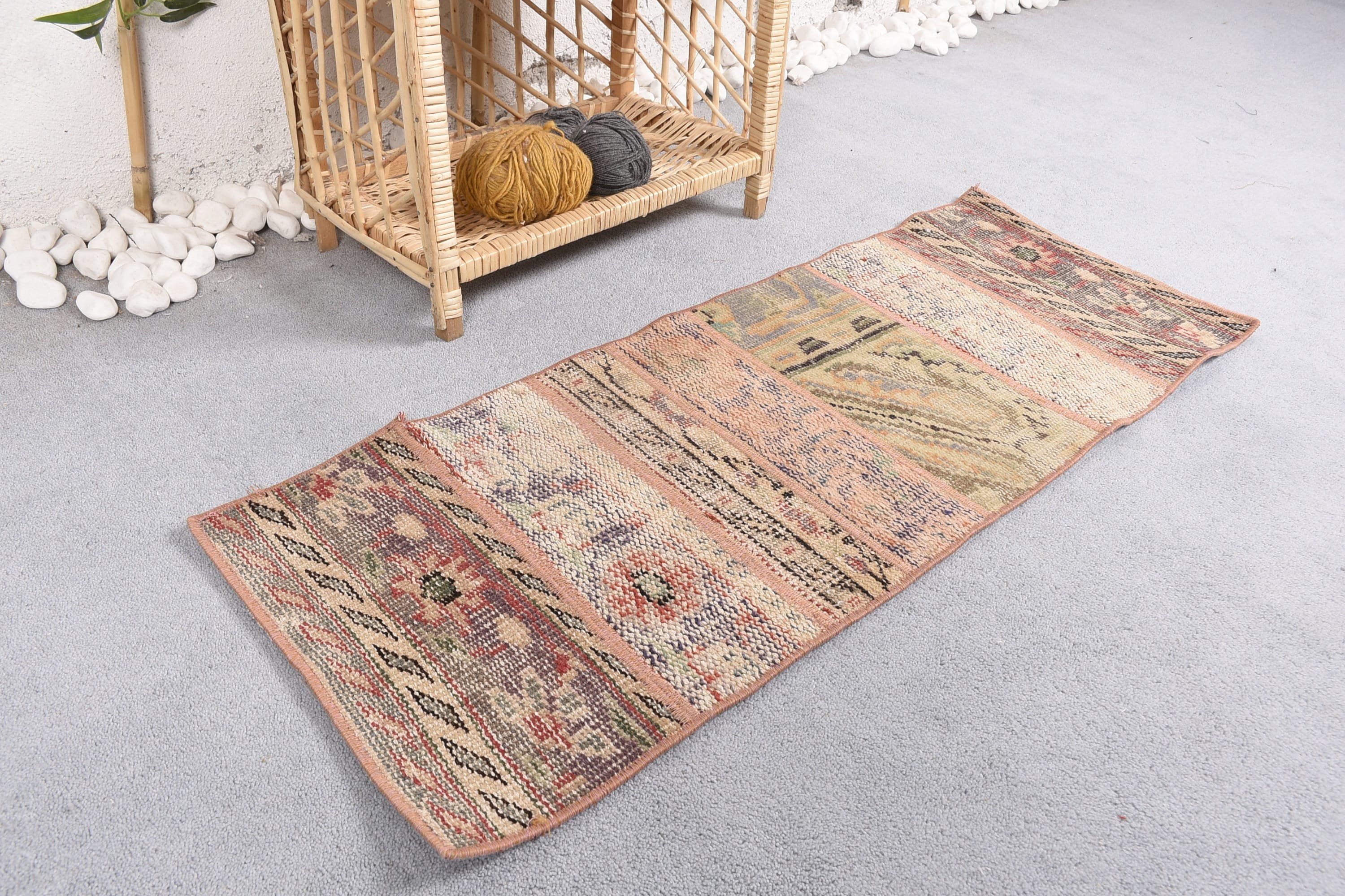 Bedroom Rugs, 1.4x3.5 ft Small Rug, Aesthetic Rugs, Vintage Rug, Car Mat Rug, Turkish Rug, Beige Wool Rug, Bathroom Rugs