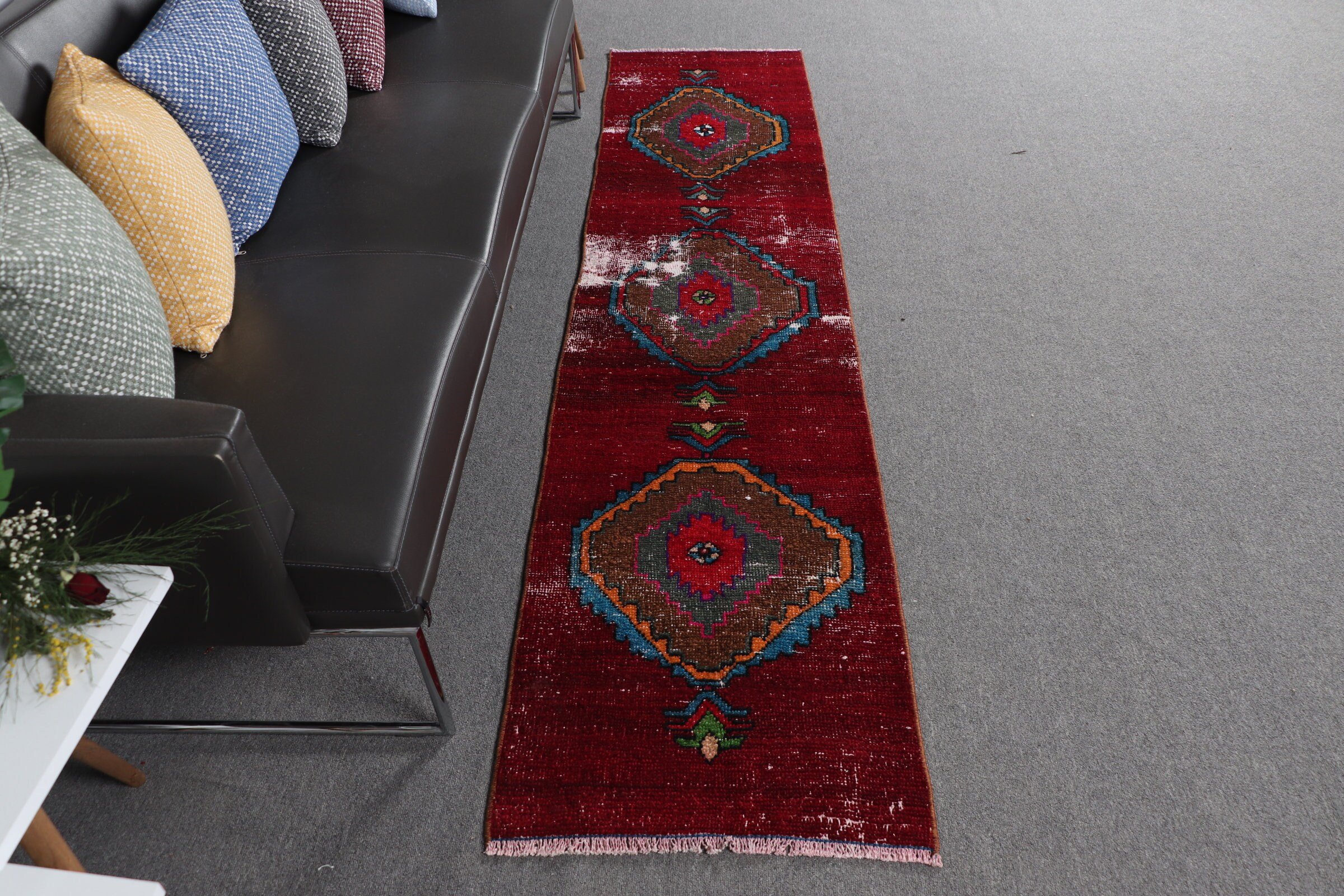 Vintage Halılar, Koridor Halıları, Kırmızı Oushak Halıları, Bohem Halısı, Oushak Halısı, Anadolu Halısı, Türk Halısı, Koridor Halıları, 1.9x8.4 ft Runner Halısı