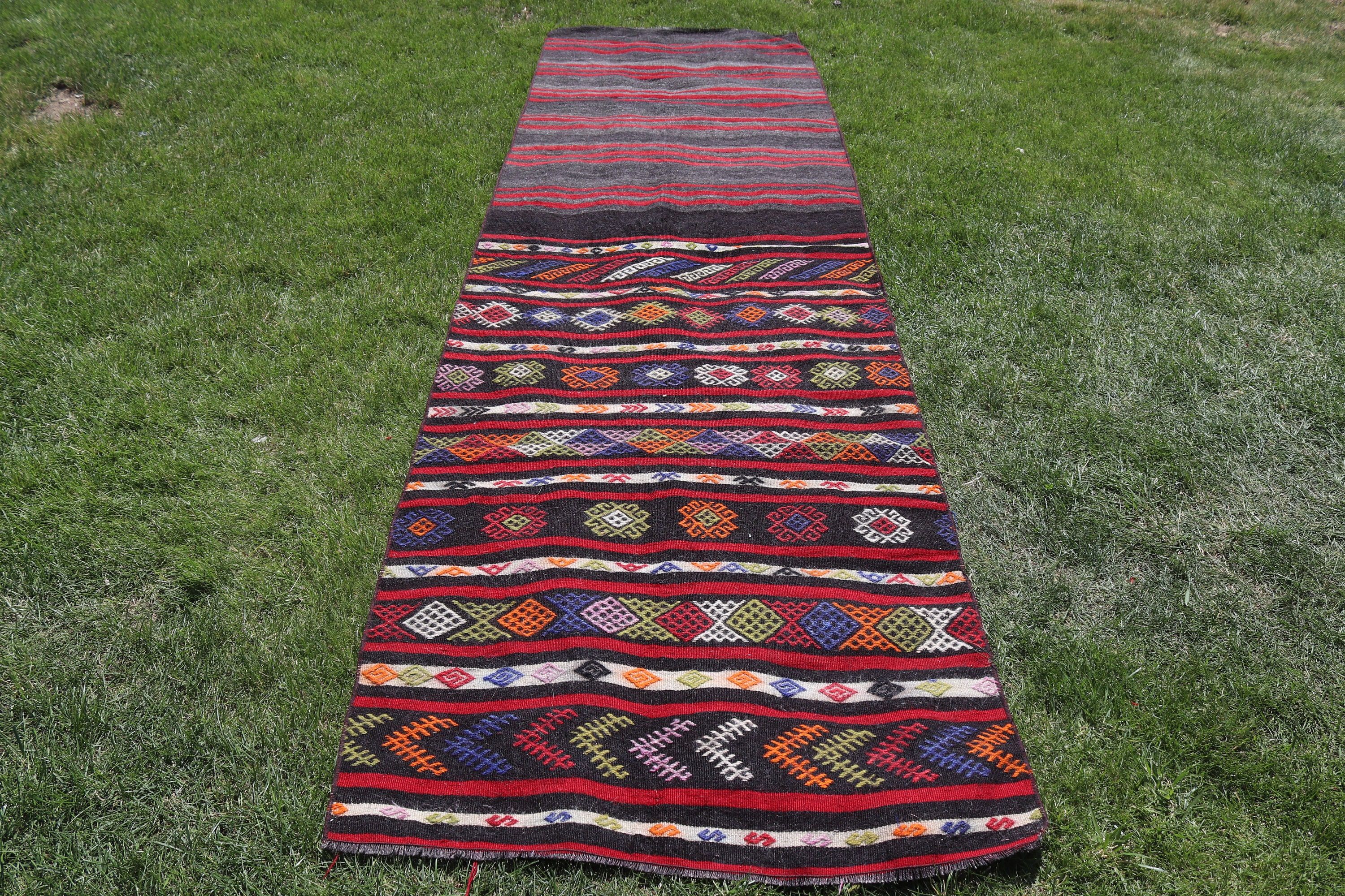 Floor Rug, Anatolian Rug, Stair Rug, Turkish Rug, 3.1x11 ft Runner Rug, Kitchen Rugs, Kilim, Black Boho Rugs, Vintage Rugs, Home Decor Rug