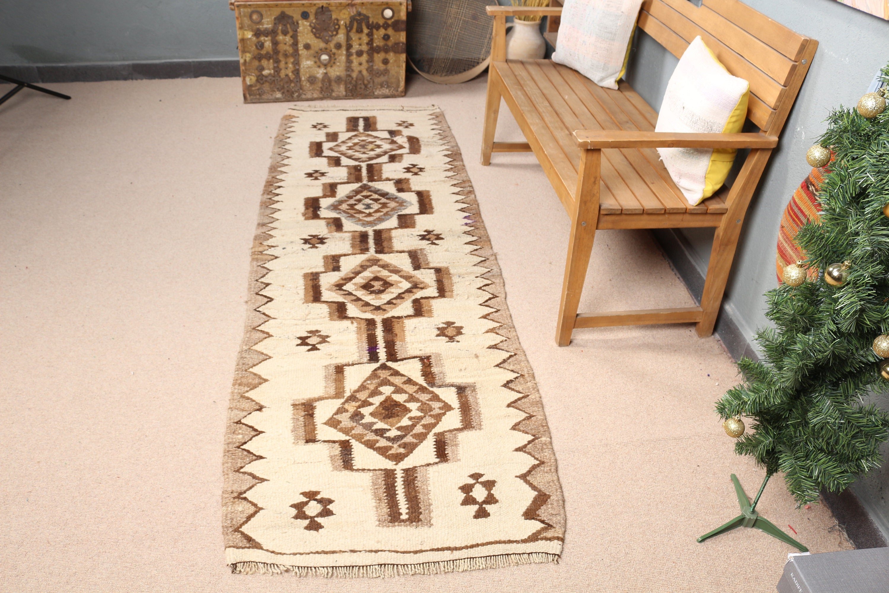 Vintage Halı, 2.5x8.3 ft Yolluk Halı, Kilim, Ev Dekorasyonu Halısı, Yer Halıları, Koridor Halıları, Türk Halıları, Bej Oryantal Halılar, Mutfak Halısı