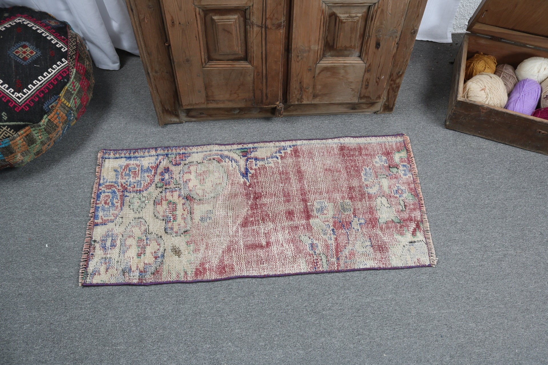 Mor Nötr Halı, Vintage Halı, Modern Halı, Banyo Halıları, Yatak Odası Halısı, 1.6x3.4 ft Küçük Halı, Lüks Halılar, Türk Halıları, Banyo Halıları