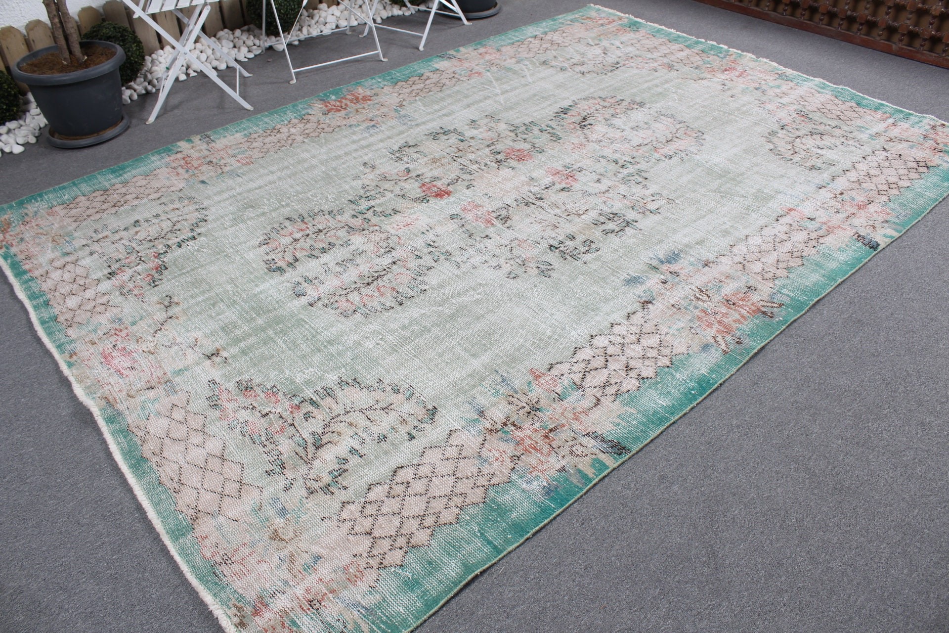 Living Room Rugs, Floor Rug, Green  7.1x10.2 ft Oversize Rugs, Vintage Rug, Turkish Rug, Saloon Rug, Bedroom Rugs, Muted Rug