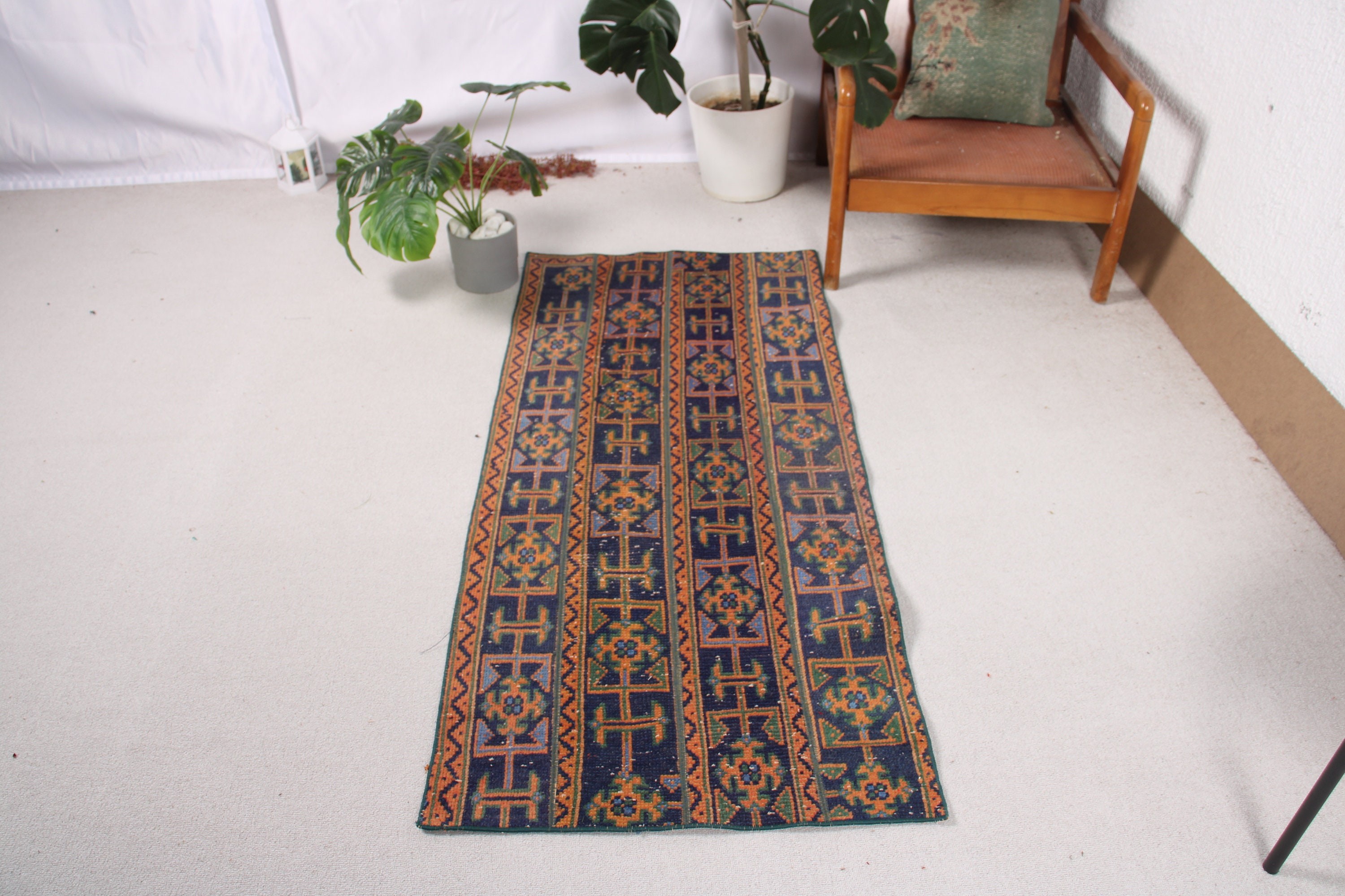 Blue Wool Rugs, Vintage Rugs, Rugs for Entry, Turkish Rug, Geometric Rugs, Kitchen Rug, Bath Rugs, 2.3x5.2 ft Small Rugs, Entry Rug