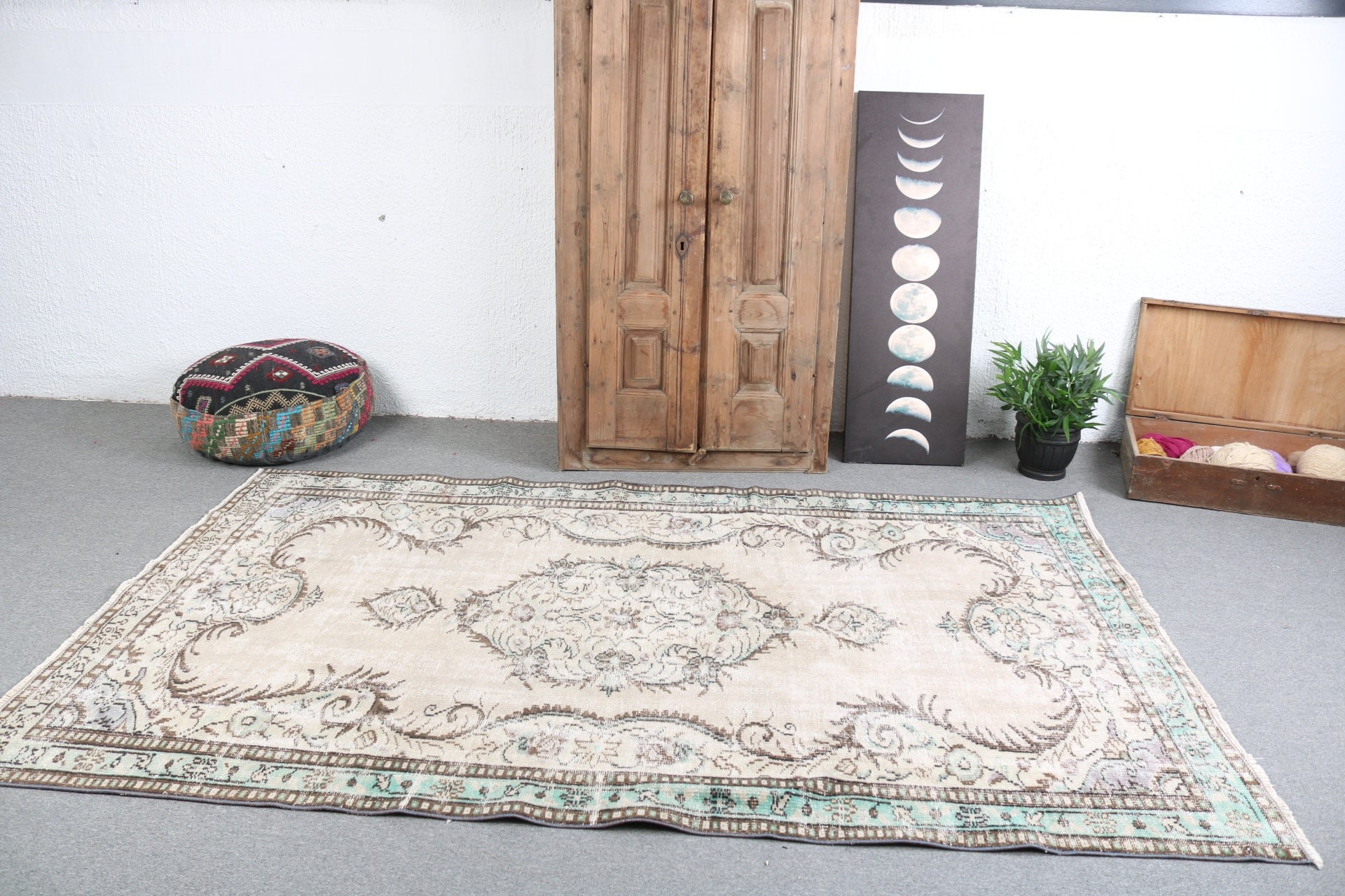 Gri Oushak Halı, Vintage Halı, Sanatsal Halı, 5.2x8.6 ft Büyük Halılar, Salon Halısı, Modern Halılar, Yatak Odası Halısı, Türk Halıları, Büyük Vintage Halılar