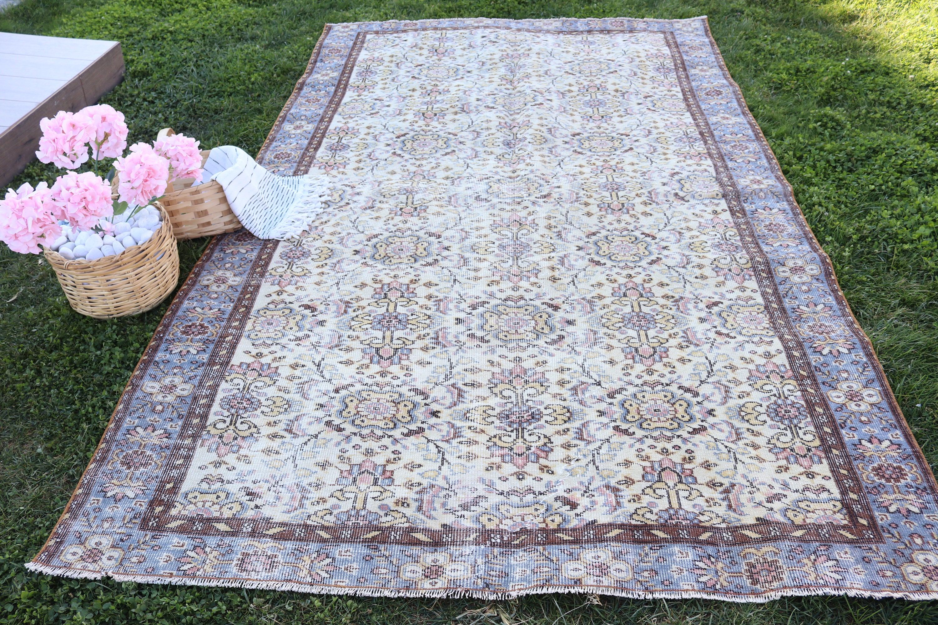 Bej Anadolu Halısı, Vintage Halı, Büyük Oushak Halıları, Büyük Boho Halısı, 5,8x9,2 ft Büyük Halıları, Türk Halısı, Fas Halısı, Havalı Halılar, Aztek Halısı