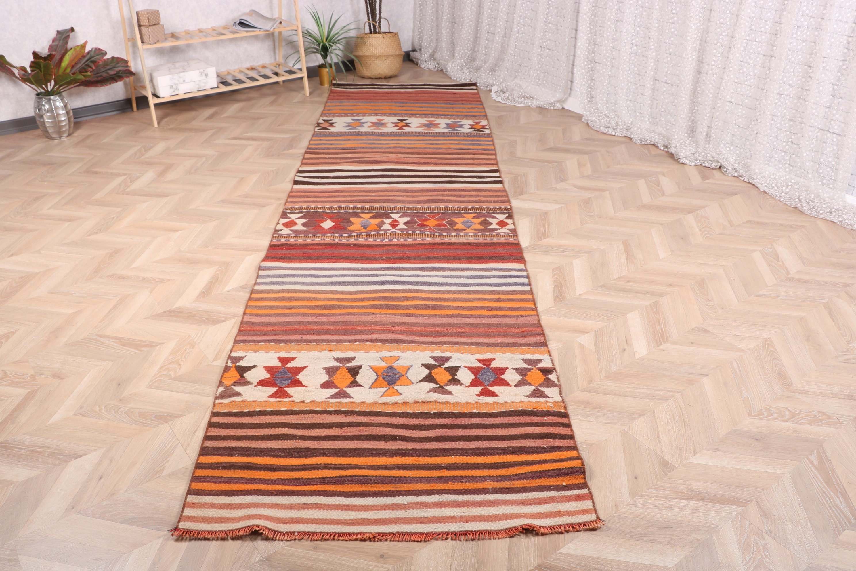 Uzun Koşucu için Halılar, Türk Halısı, 3,2x12,5 ft Runner Halısı, Vintage Runner Halıları, Turuncu Boho Halısı, Vintage Halı, Oushak Halısı, Yer Halıları