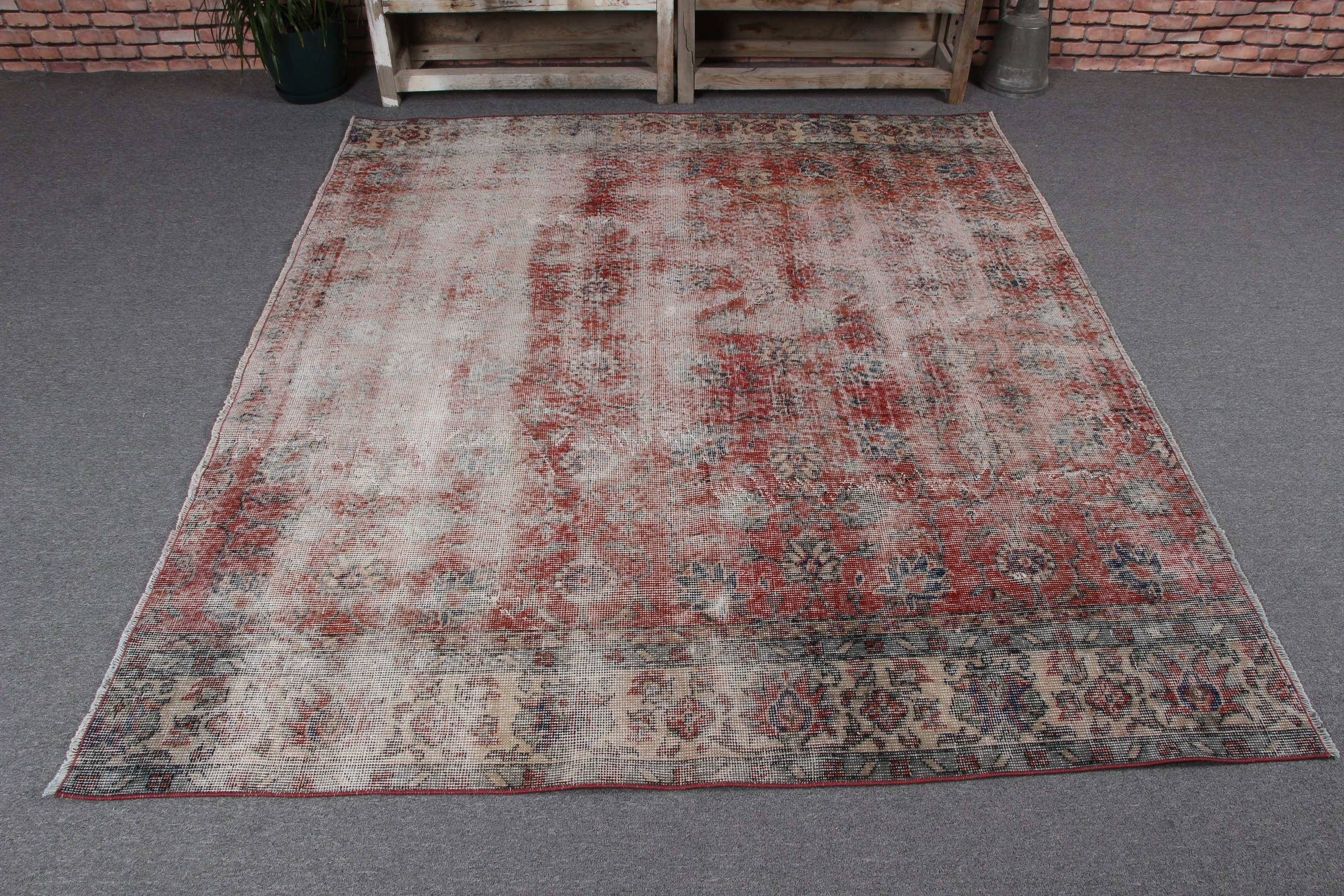 Aesthetic Rugs, Geometric Rugs, Kitchen Rug, Turkish Rug, Vintage Area Rug, Red Antique Rugs, Luxury Rugs, 6.5x5.6 ft Area Rug, Vintage Rug