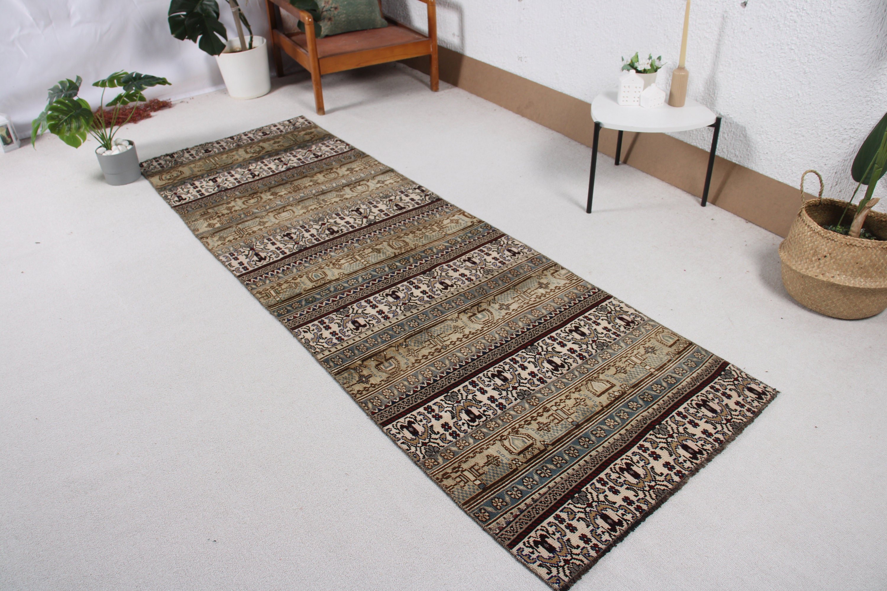 2.8x8.6 ft Runner Halı, Geometrik Halı, Vintage Halılar, Kahverengi Anadolu Halısı, Antika Halı, Mutfak Halısı, Türk Halıları, Vintage Runner Halısı