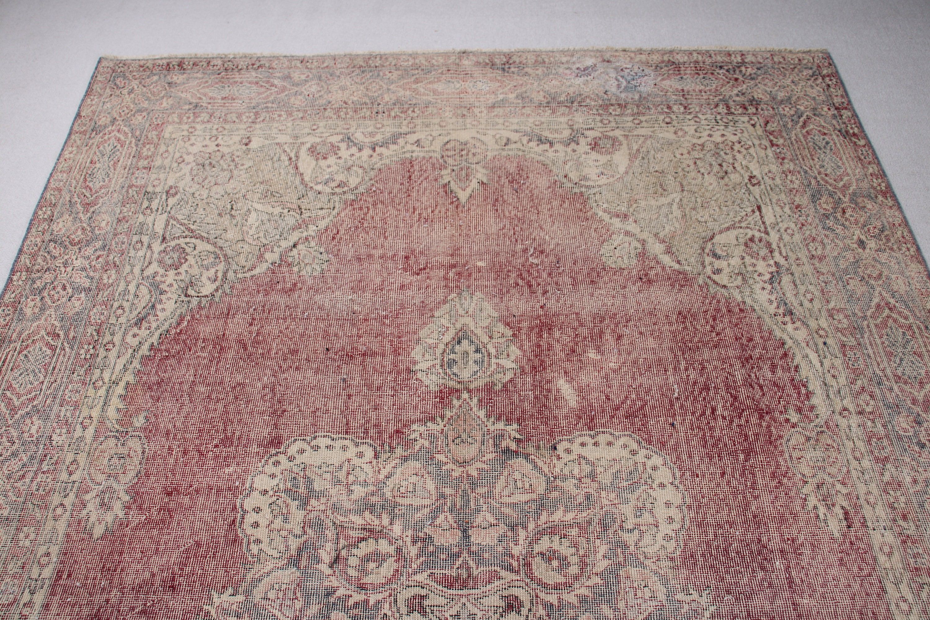 Ev Dekorasyonu Halıları, 6.5x9.5 ft Büyük Halı, Türk Halıları, Kırmızı El Dokuma Halılar, Vintage Halılar, Büyük Oushak Halıları, Oturma Odası Halısı