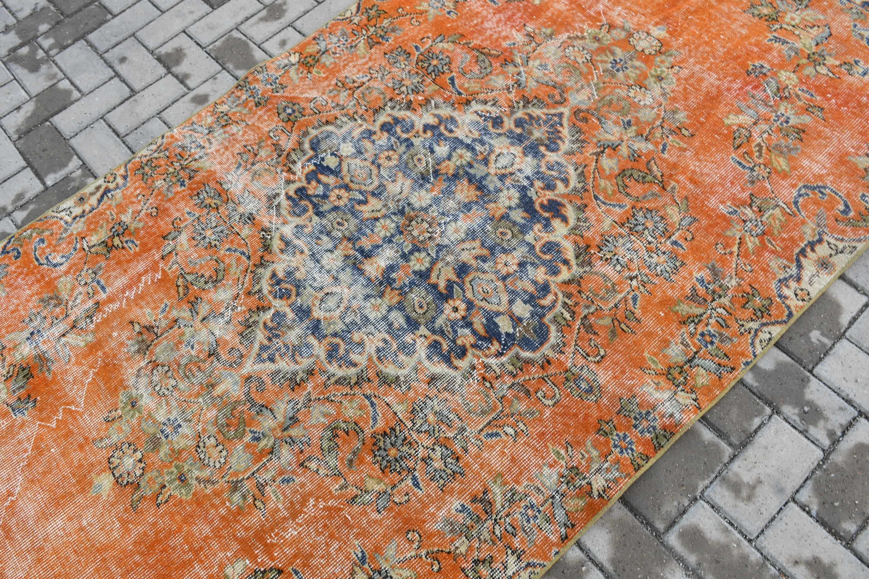 Orange Antique Rug, Vintage Rug, Turkish Rugs, Indoor Rugs, Rugs for Nursery, Oushak Rug, 4.2x8.1 ft Area Rug, Cool Rug, Vintage Oushak Rug