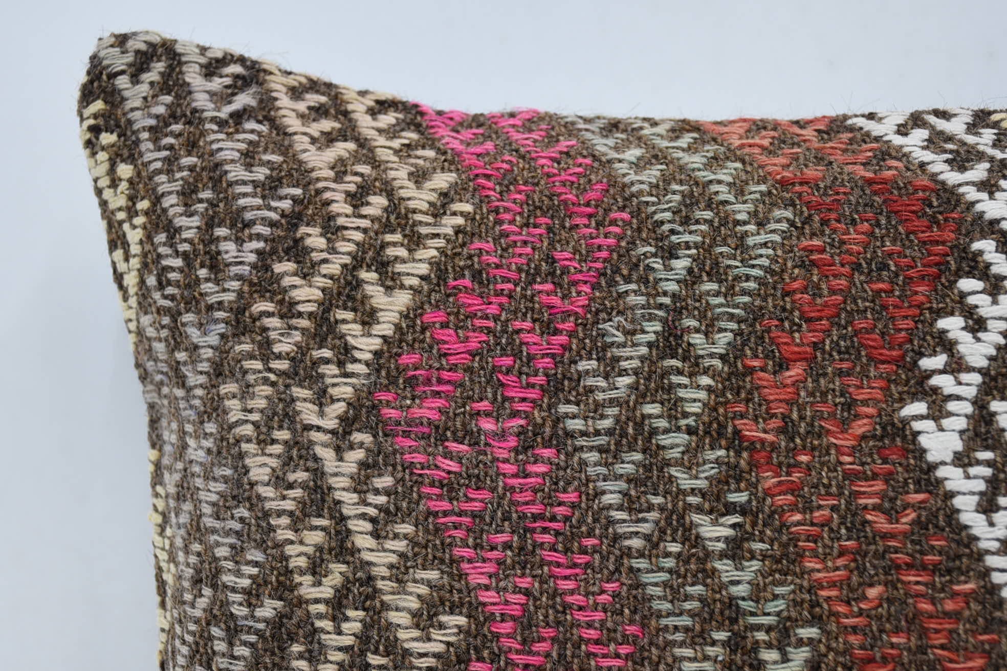 Vintage Throw Cushion Case, Boho Pillow Sham Cover, 16"x24" Pink Pillow Case, Turkish Kilim Pillow, Handmade Kilim Cushion