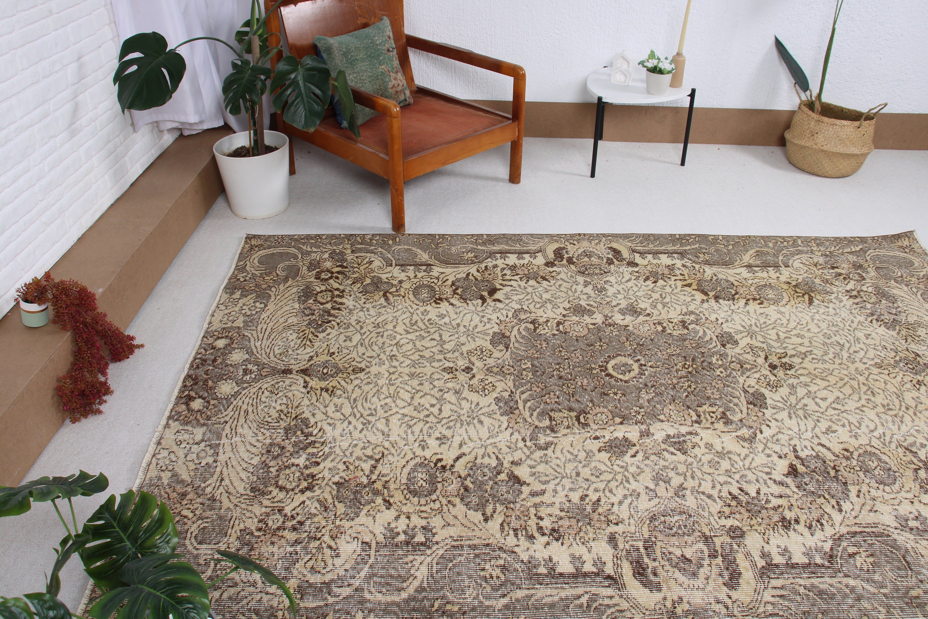 Oushak Halı, Türk Halısı, Vintage Halılar, Büyük Oushak Halısı, Büyük Vintage Halıları, Ofis Halıları, 5.4x8.1 ft Büyük Halı, Yatak Odası Halısı, Bej Boho Halısı