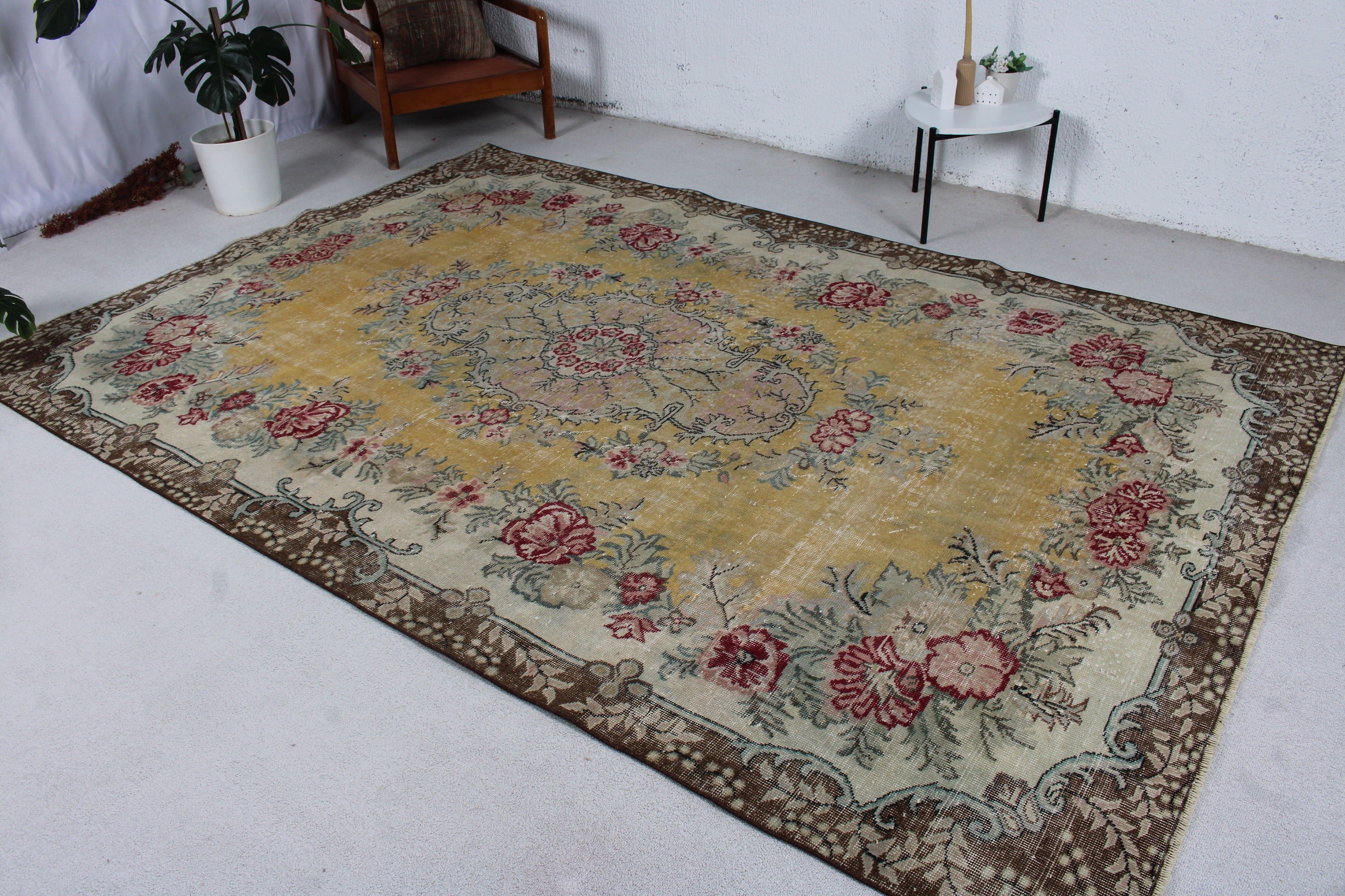 6.7x10 ft Büyük Halı, Vintage Halı, Geometrik Halılar, Türk Halıları, Oushak Halısı, Kahverengi Fas Halısı, Büyük Oushak Halıları, Büyük Boho Halısı