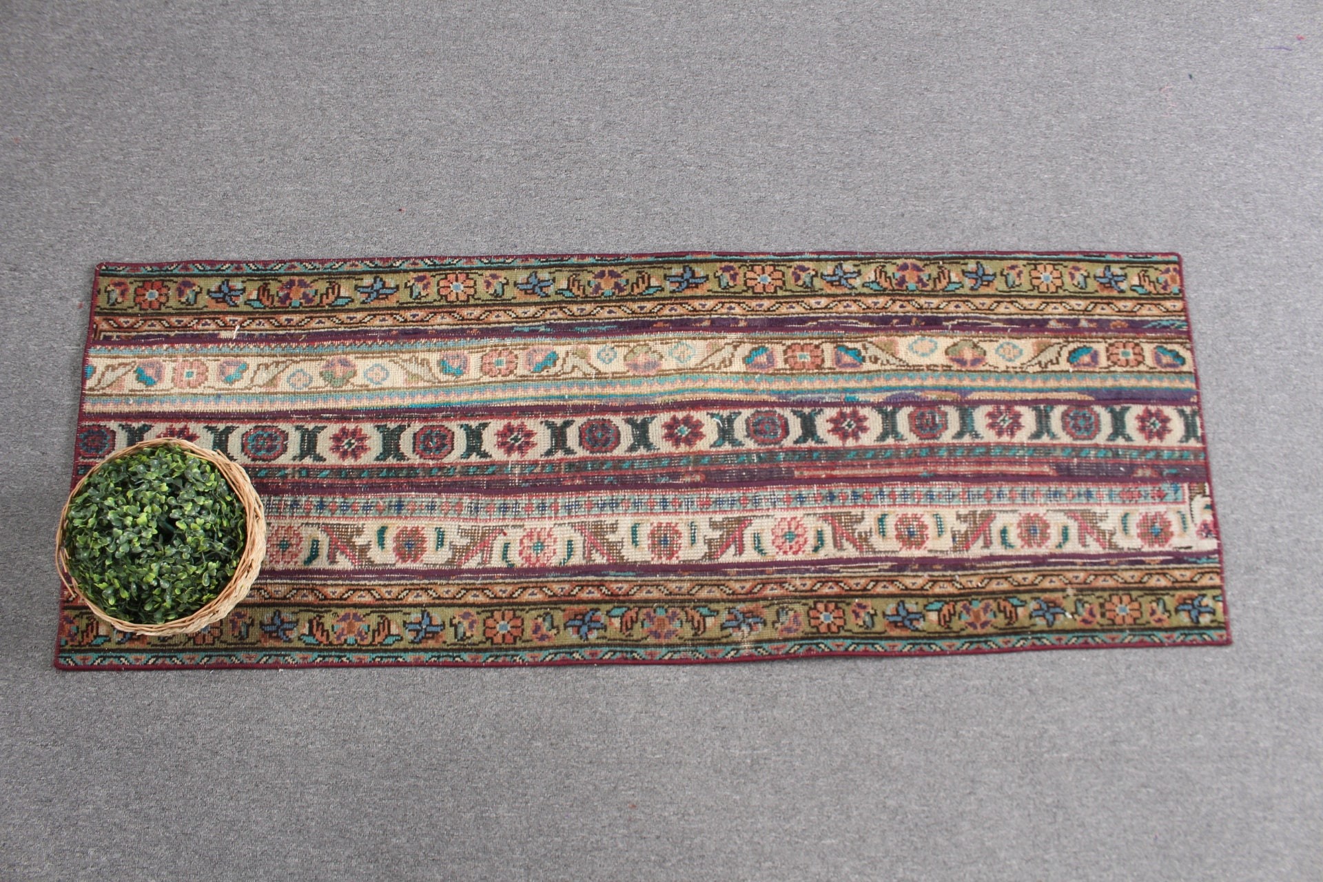 Yeşil Oryantal Halılar, Banyo Halıları, 1.8x4.9 ft Küçük Halı, Boho Halıları, Duvara Asılı Halılar, Yün Halı, Vintage Halı, Türk Halıları