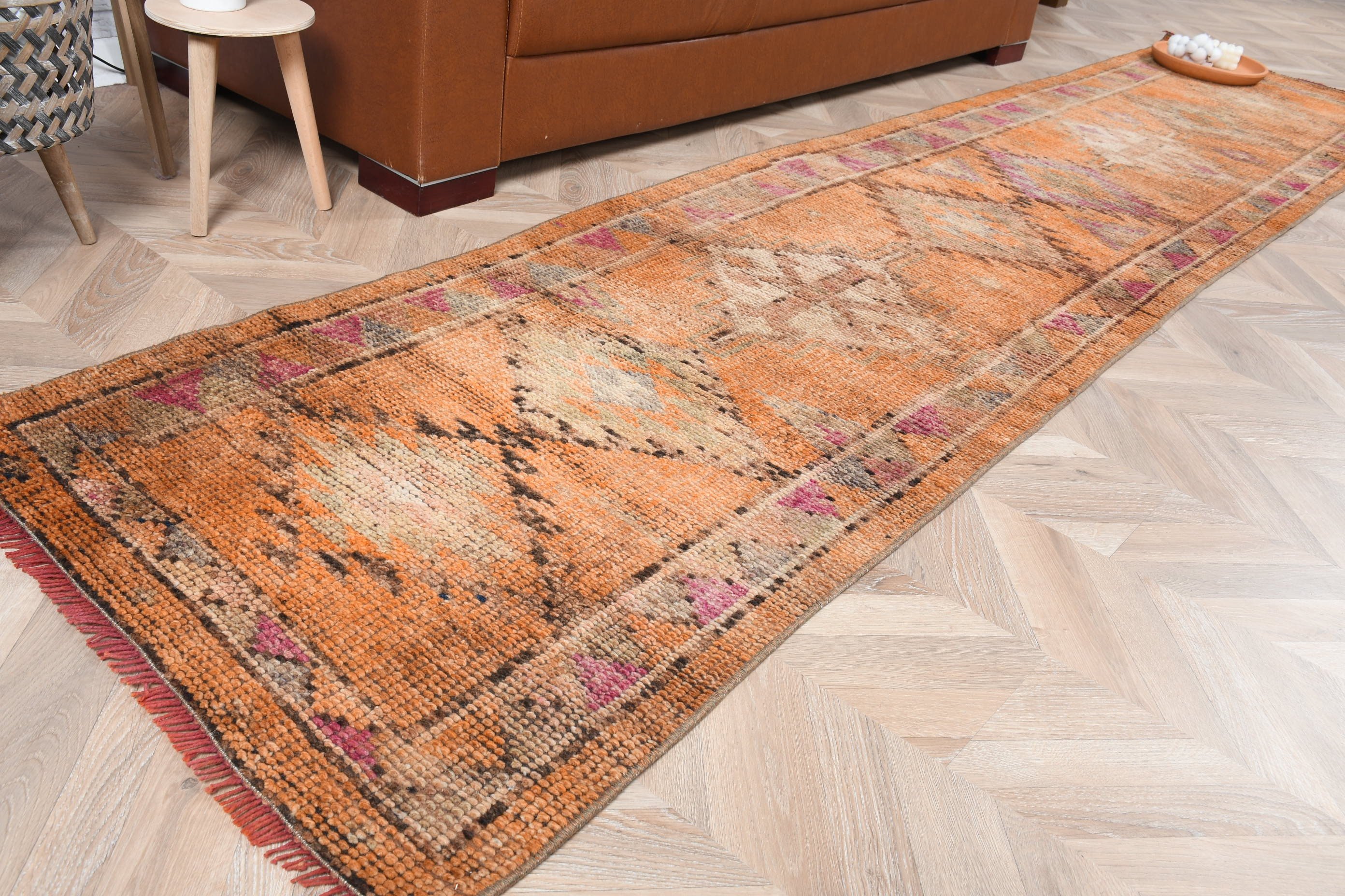 Cool Rug, 2.5x11.2 ft Runner Rugs, Turkish Rugs, Floor Rug, Cute Rug, Corridor Rug, Vintage Rug, Orange Bedroom Rug, Rugs for Hallway