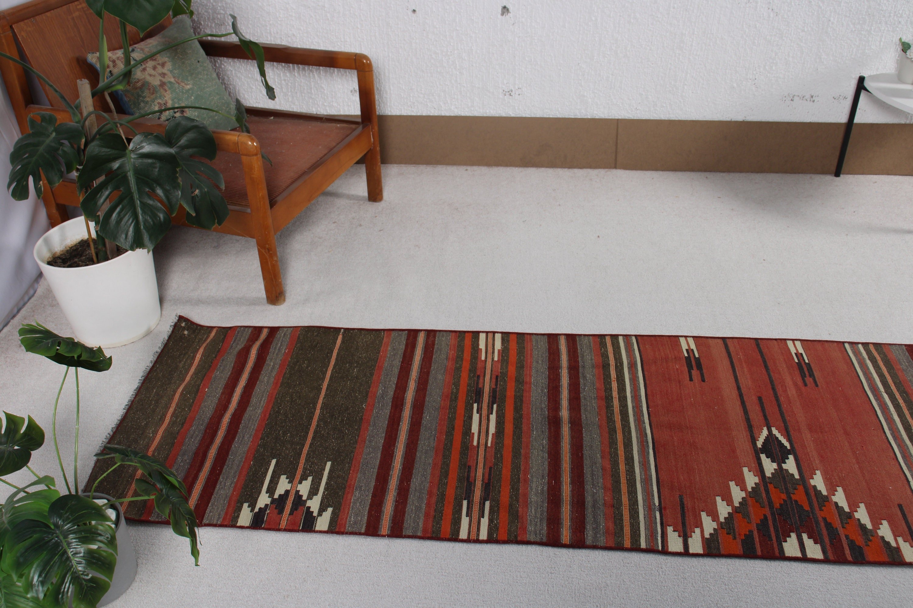 Nötr Halılar, Kilim, 2.2x9.7 ft Yolluk Halı, Türk Halısı, Kırmızı Boho Halılar, Beni Ourain Koşucu Halıları, Düz Dokuma Halı, Merdiven Halısı, Vintage Halılar